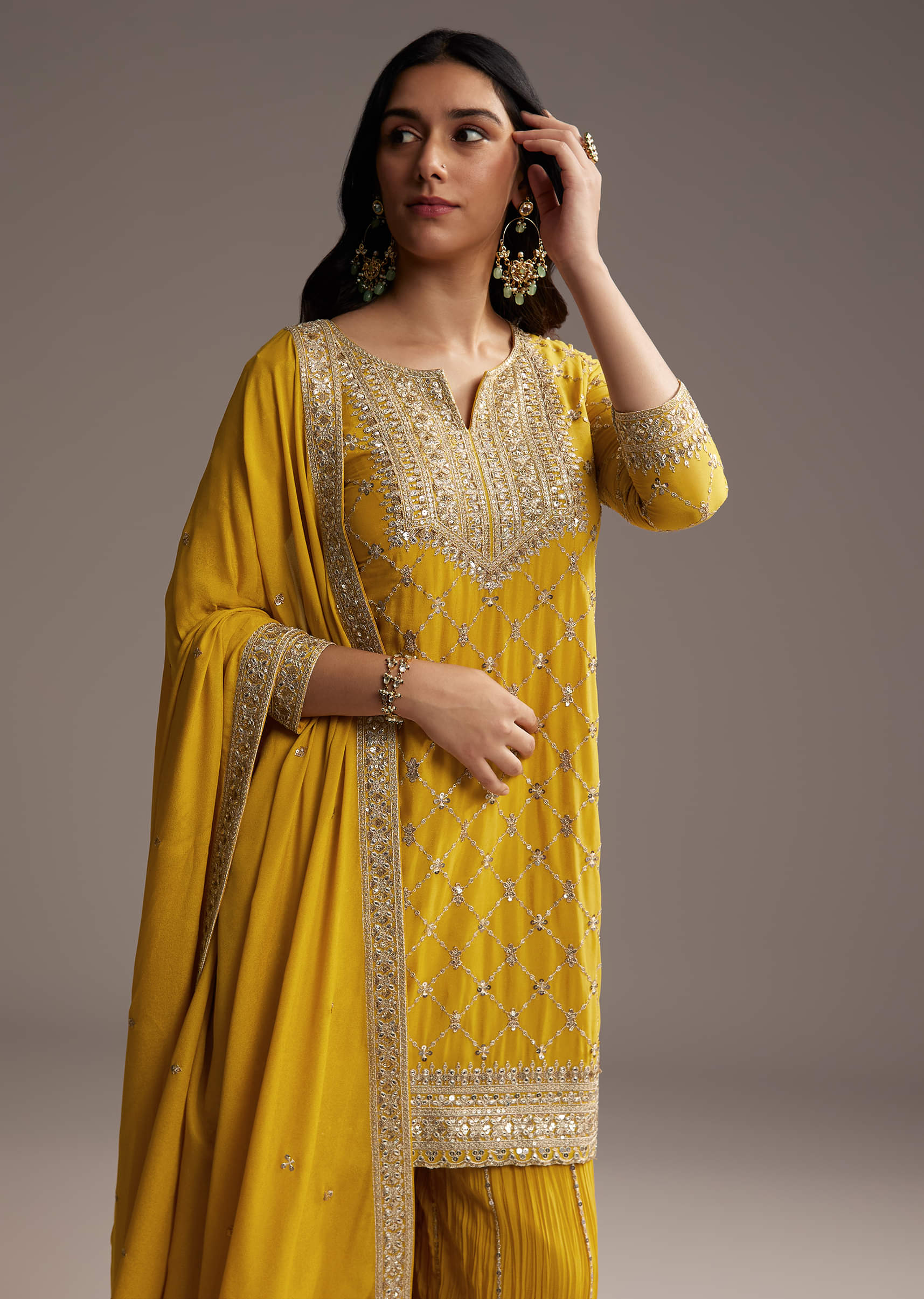 Yellow Chinon Palazzo Suit With Sequin Embroidery - Image 4