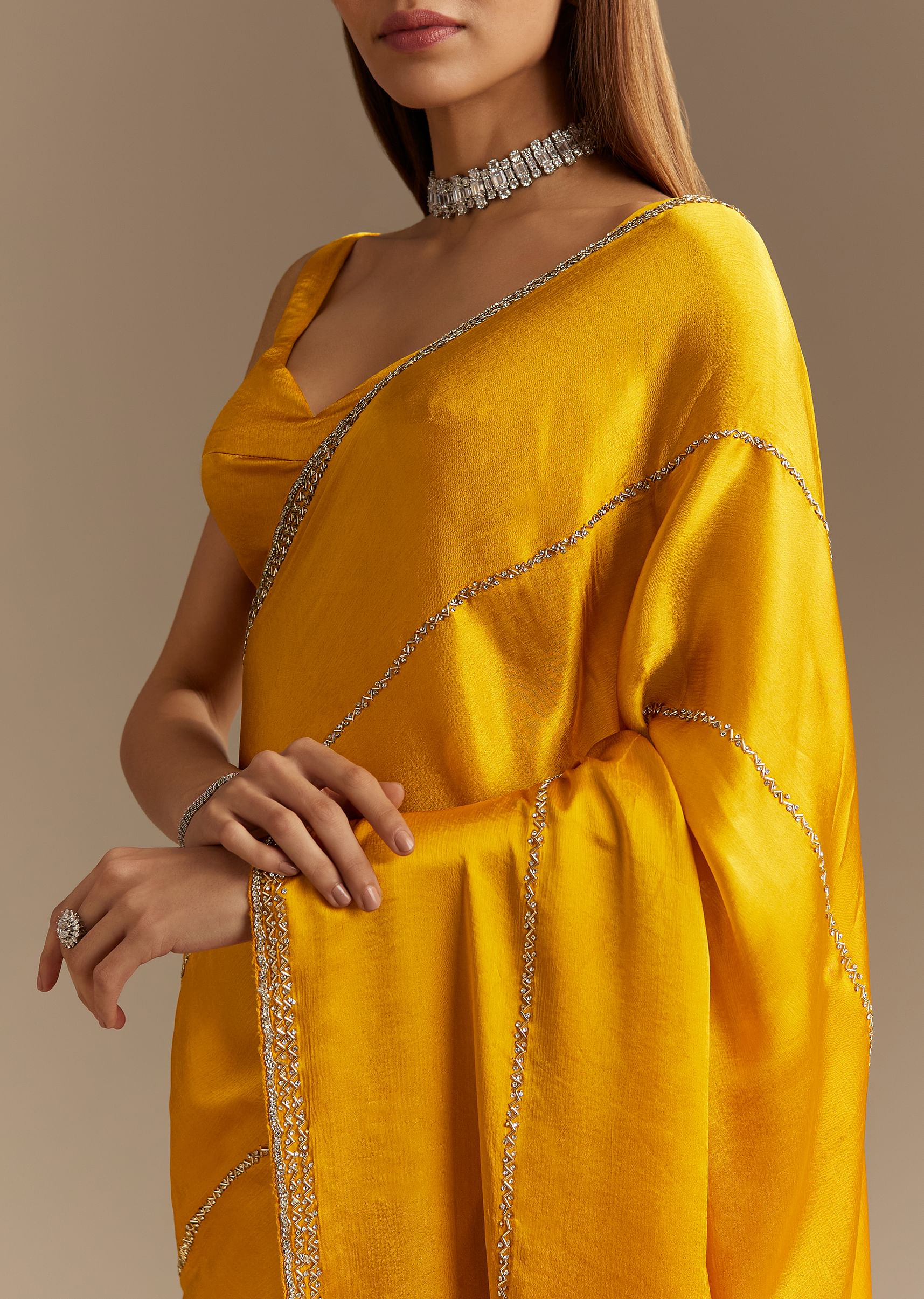 Yellow Chinon Saree With Cutdana Embroidery - Image 2