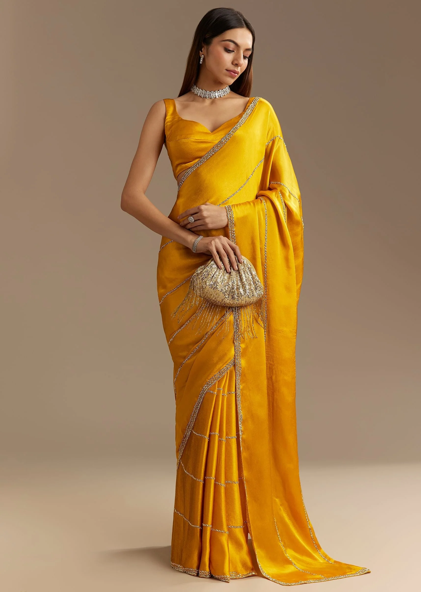 Yellow Chinon Saree With Cutdana Embroidery - Image 3