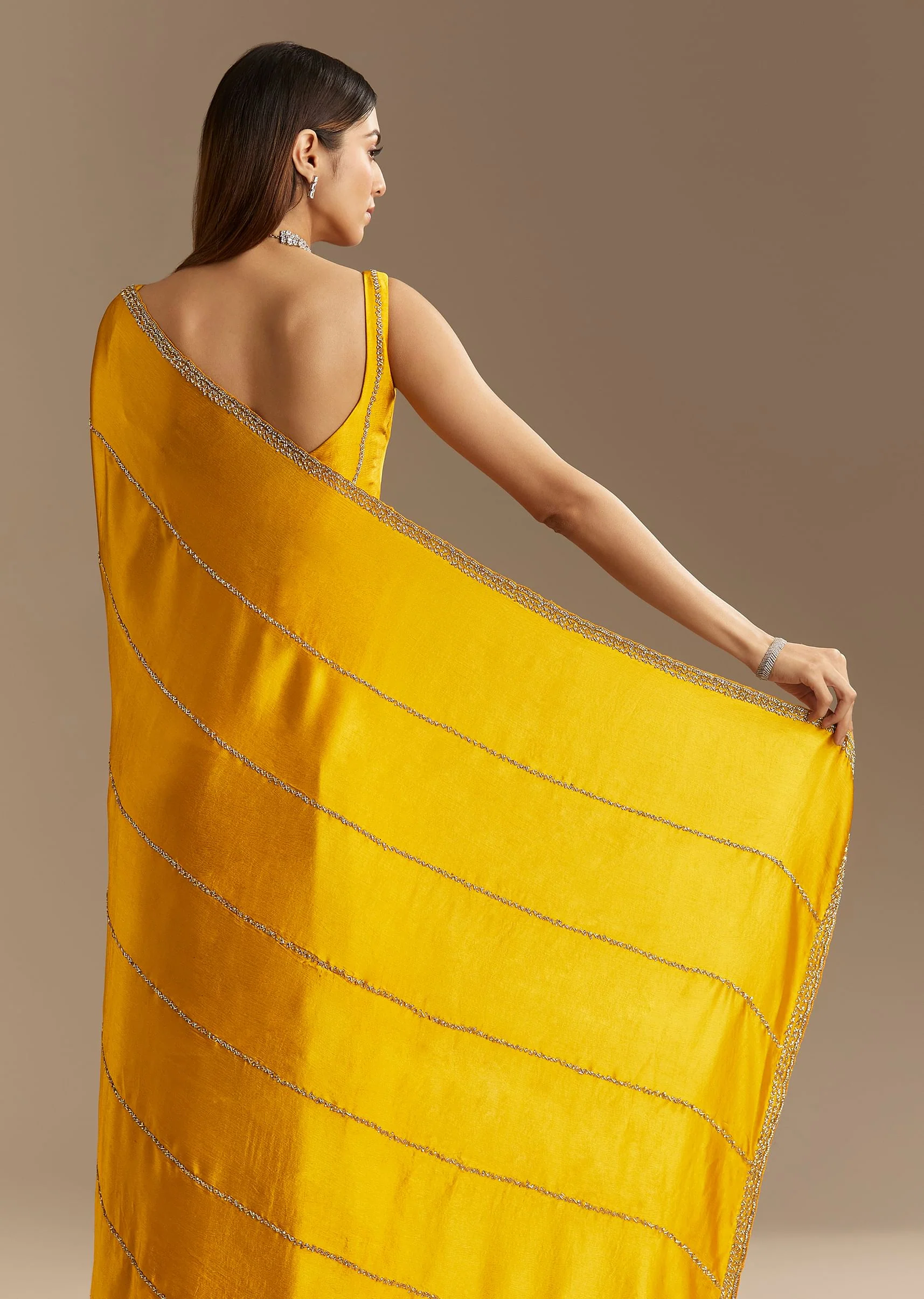 Yellow Chinon Saree With Cutdana Embroidery - Image 4