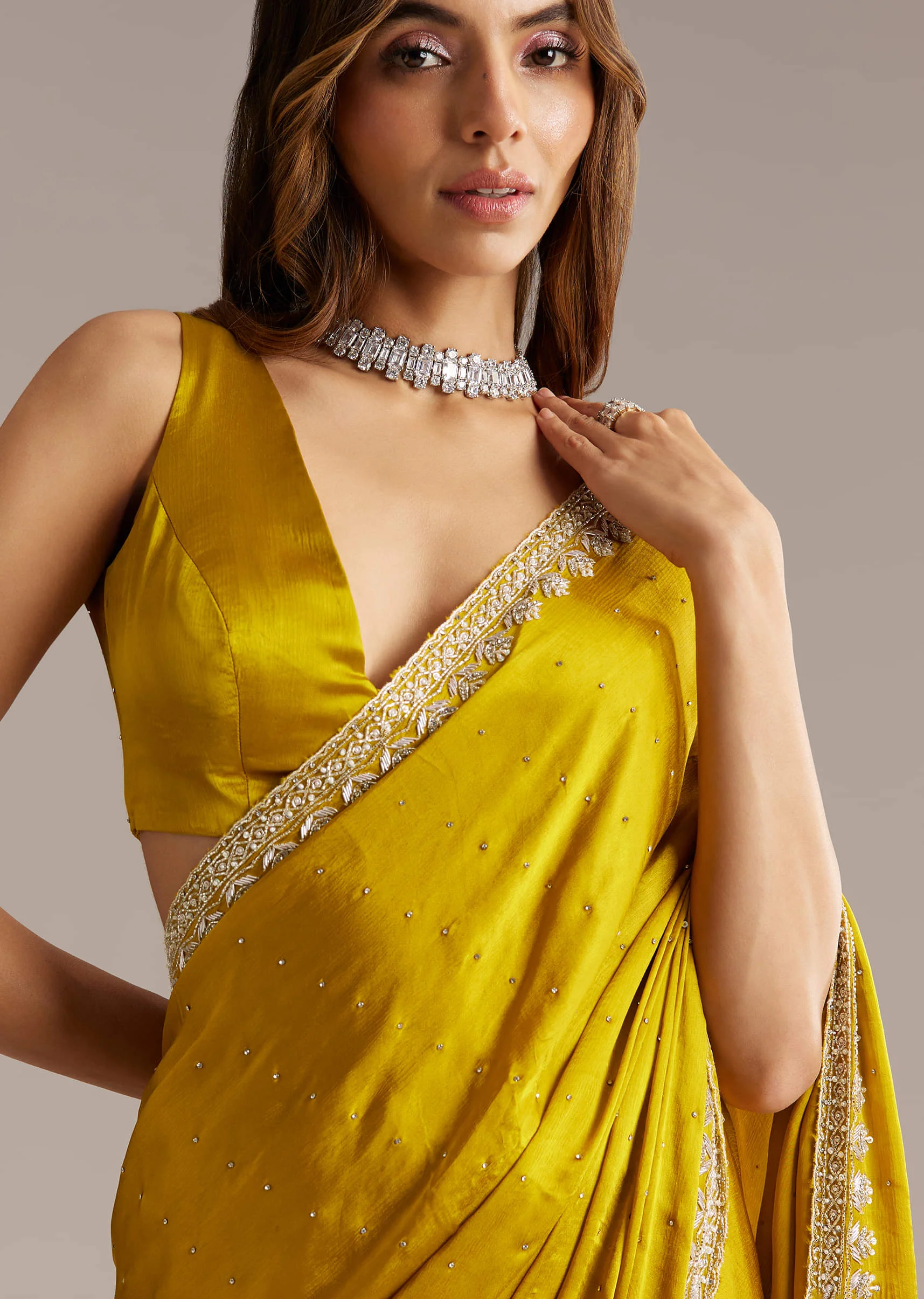 Yellow Chinon Saree With Stone And Sequin Embroidery - Image 3