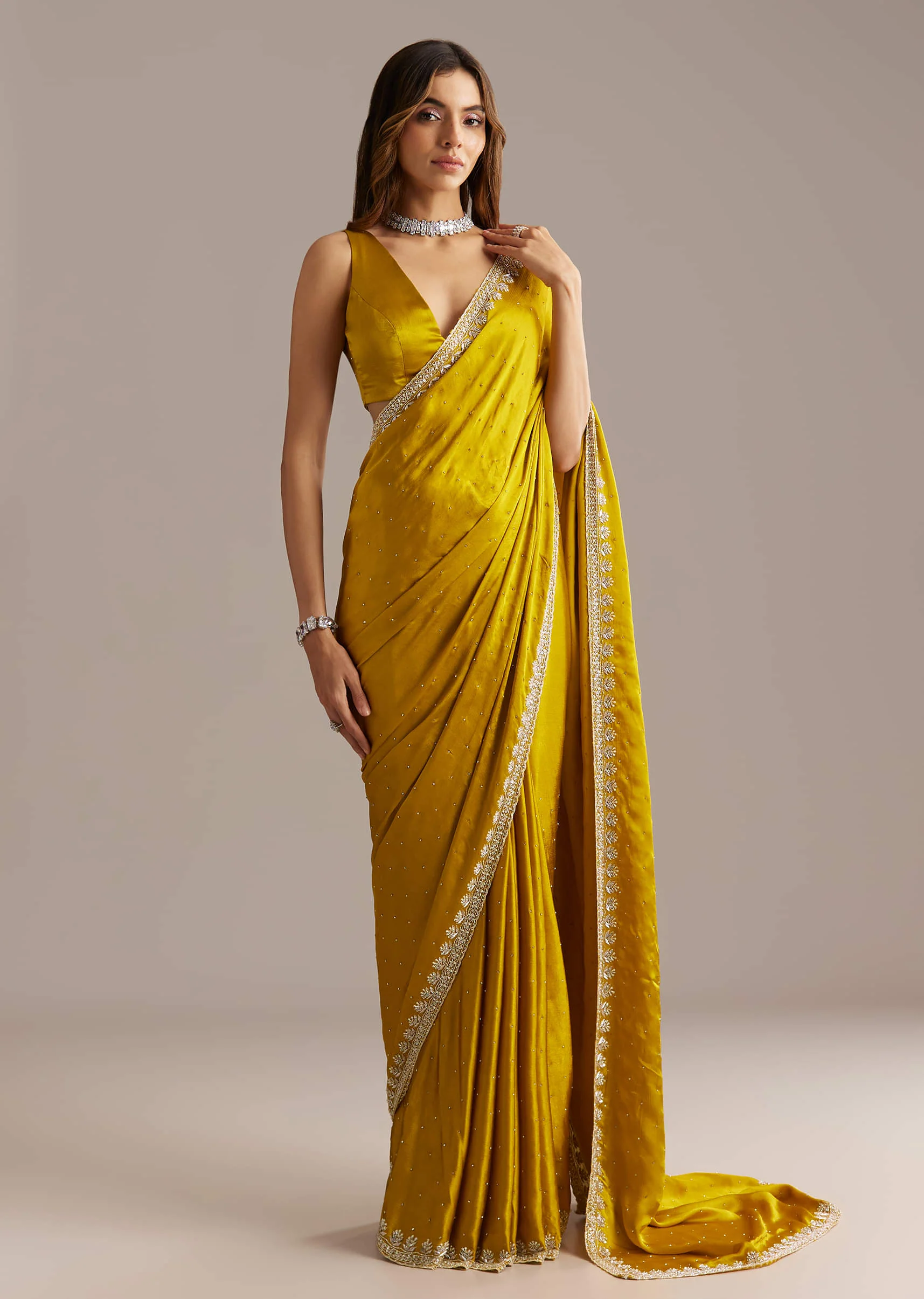 Yellow Chinon Saree With Stone And Sequin Embroidery - Image 4