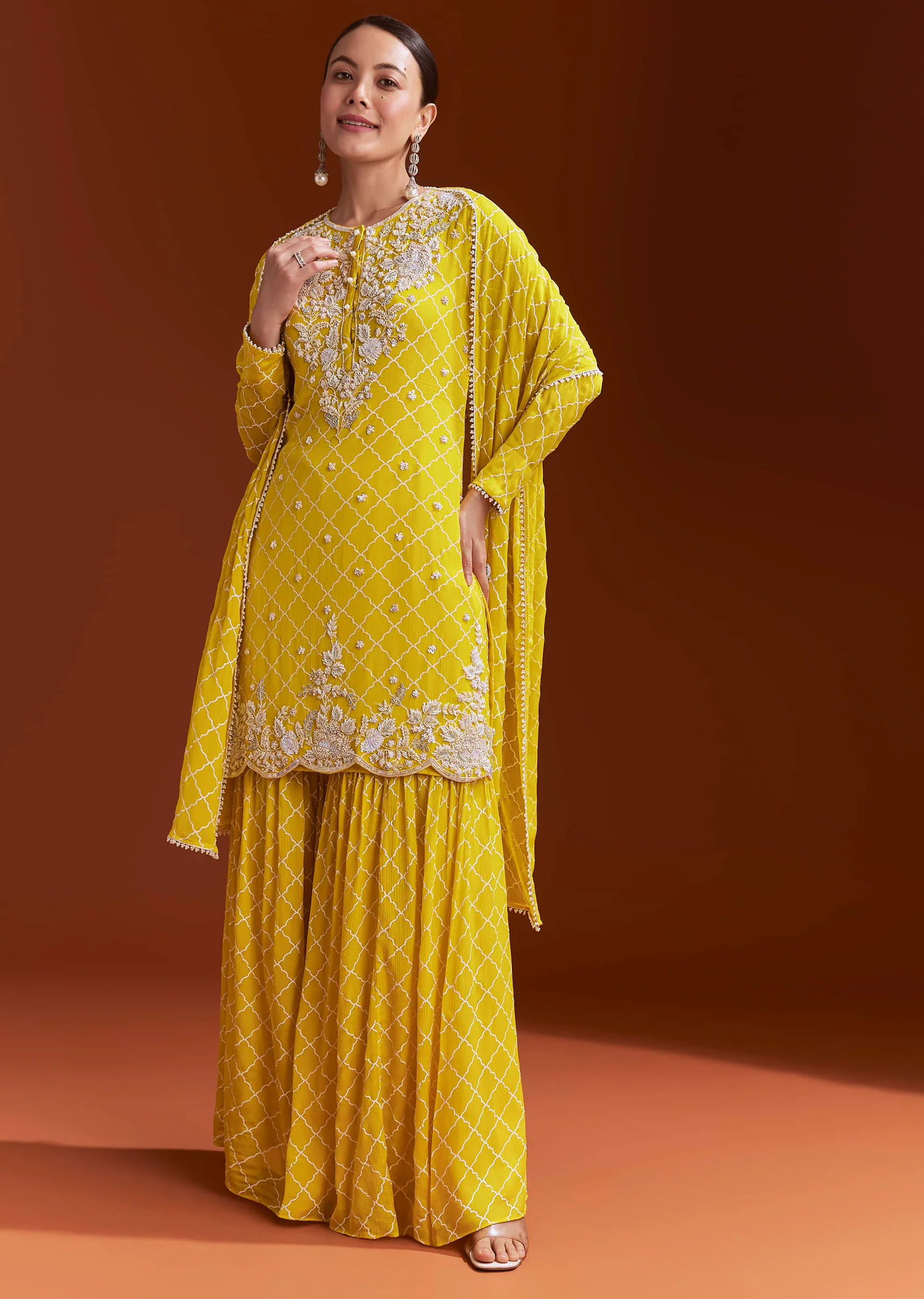 Yellow Chinon Sharara Set With Cutdana And Sequins - Image 2