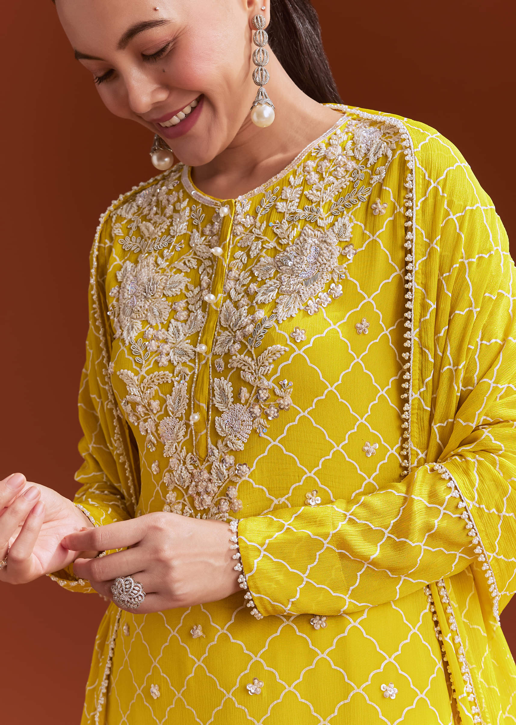 Yellow Chinon Sharara Set With Cutdana And Sequins - Image 3
