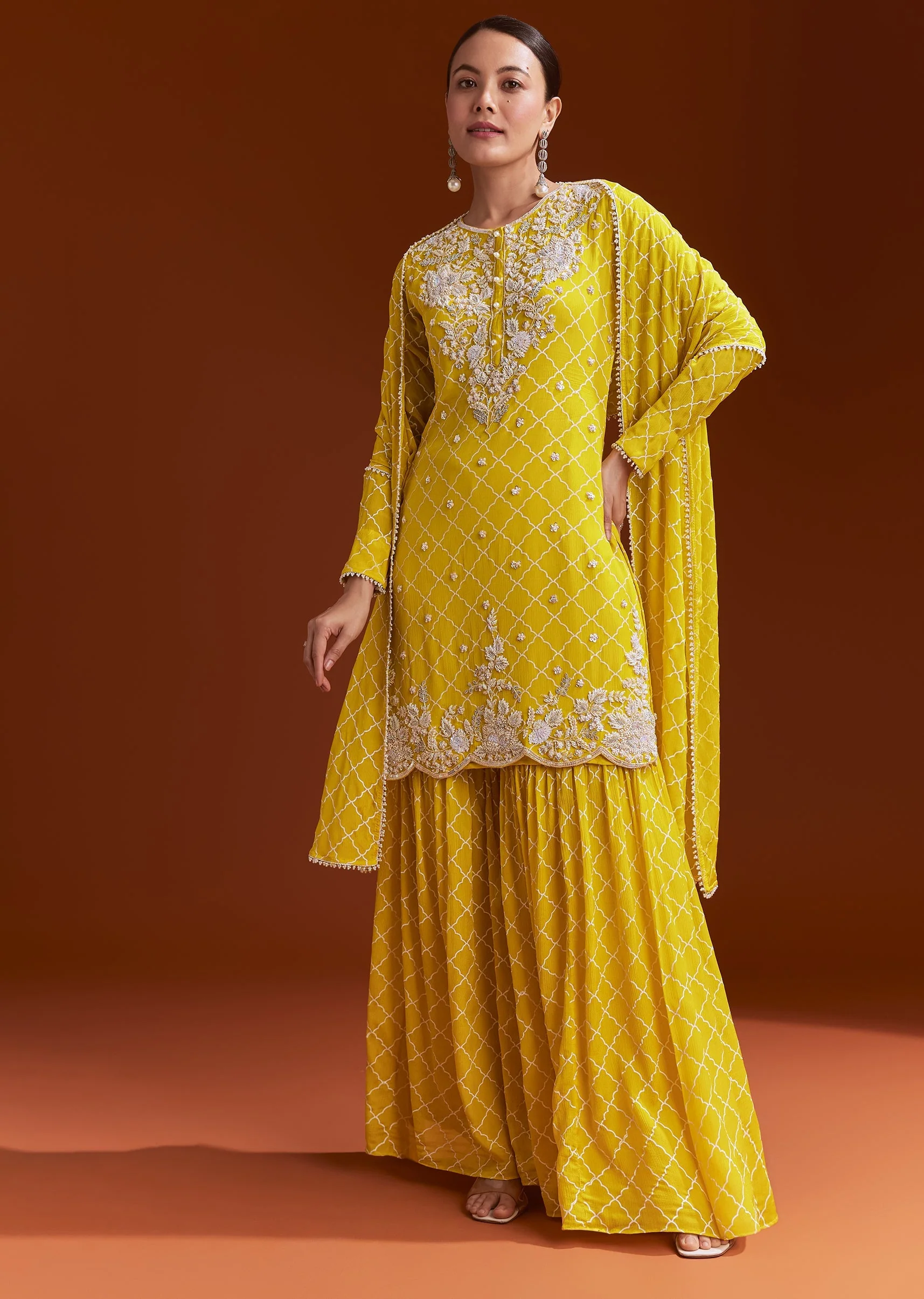 Yellow Chinon Sharara Set With Cutdana And Sequins - Image 4