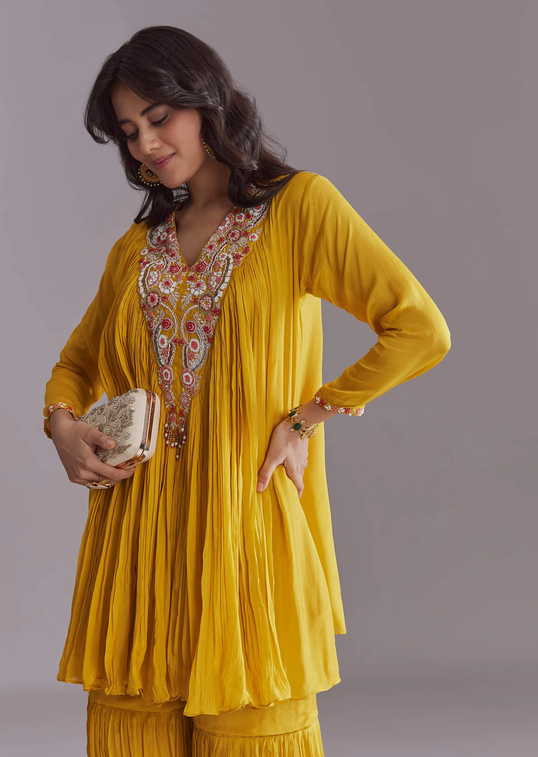Yellow Chinon Sharara Suit With Embroidery - Image 4