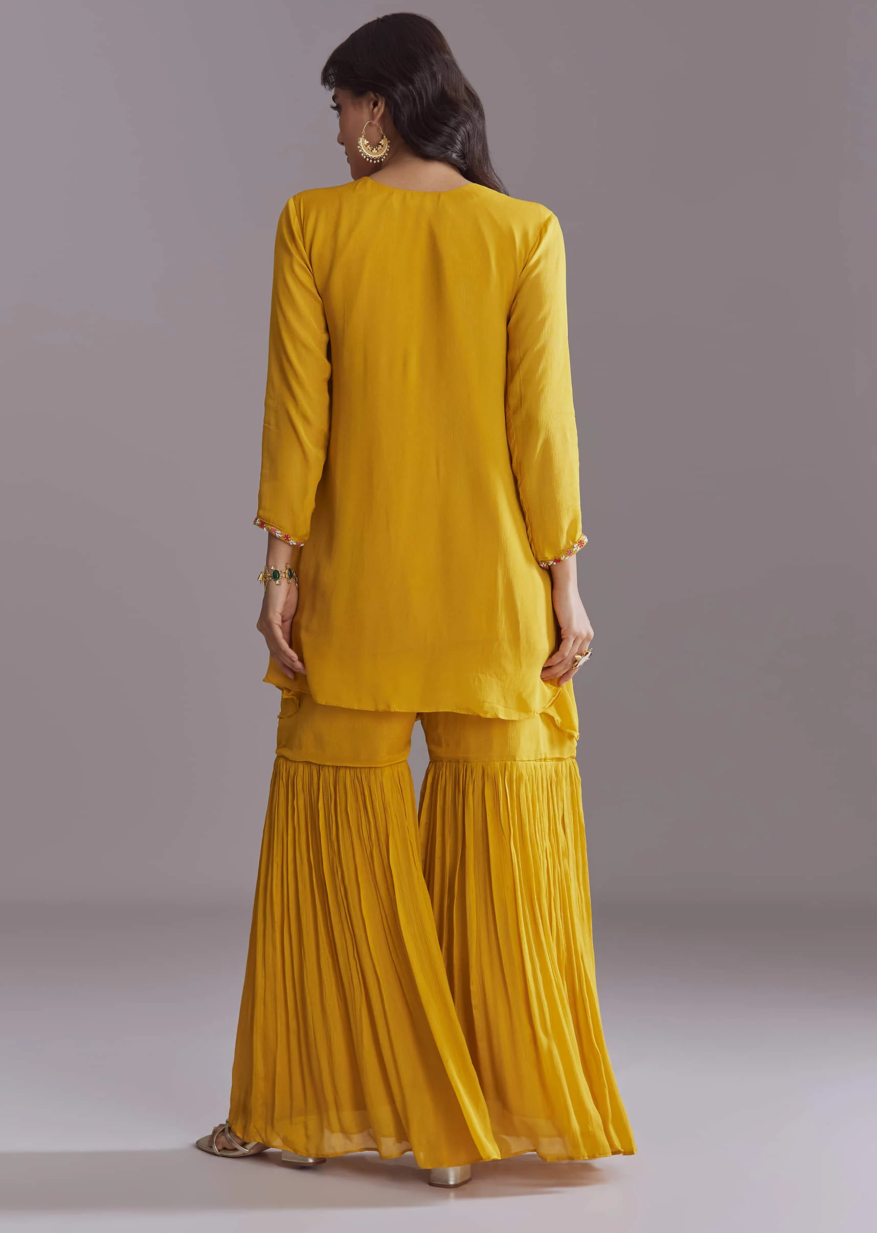 Yellow Chinon Sharara Suit With Embroidery - Image 5