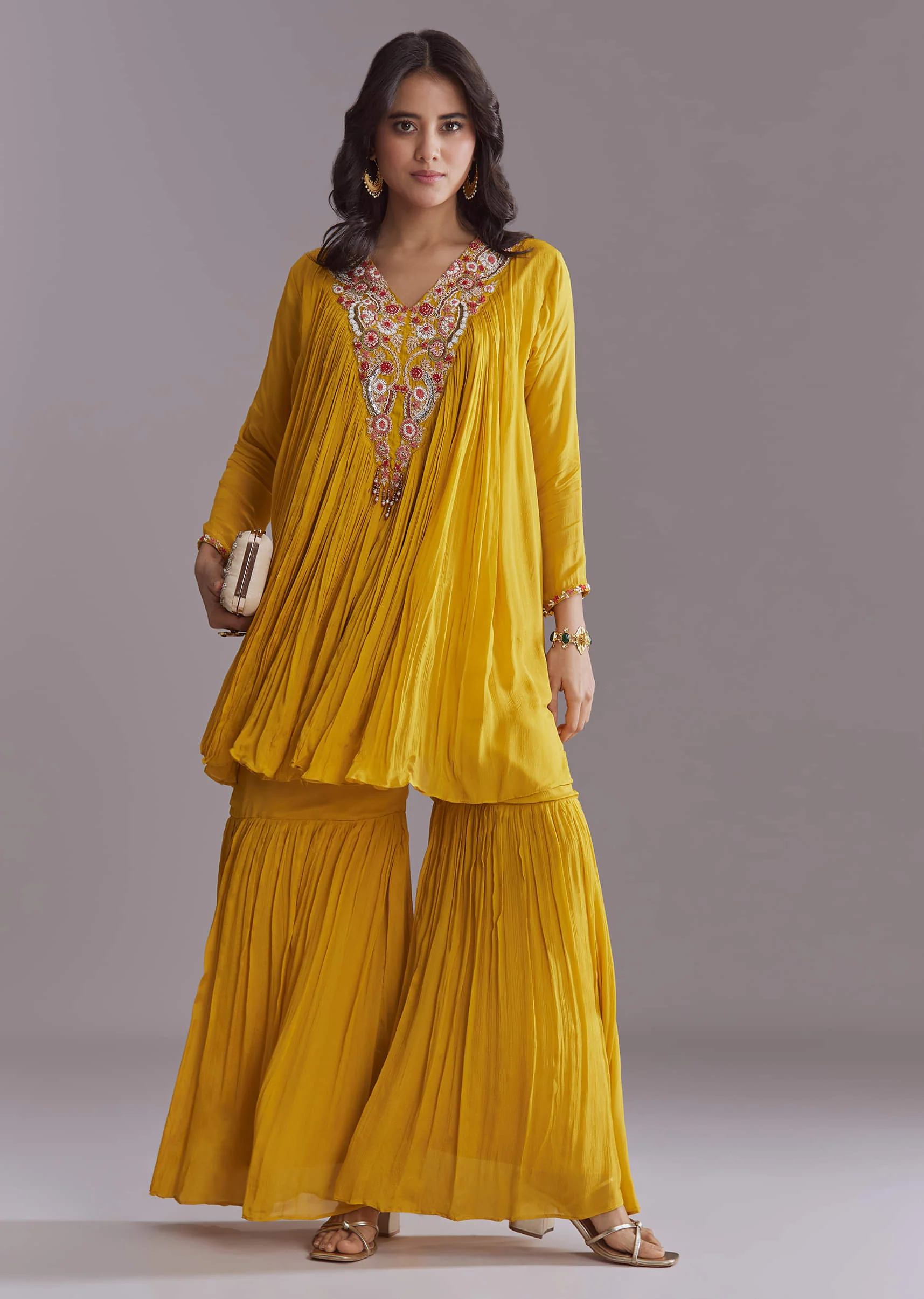Yellow Chinon Sharara Suit With Embroidery - Image 7