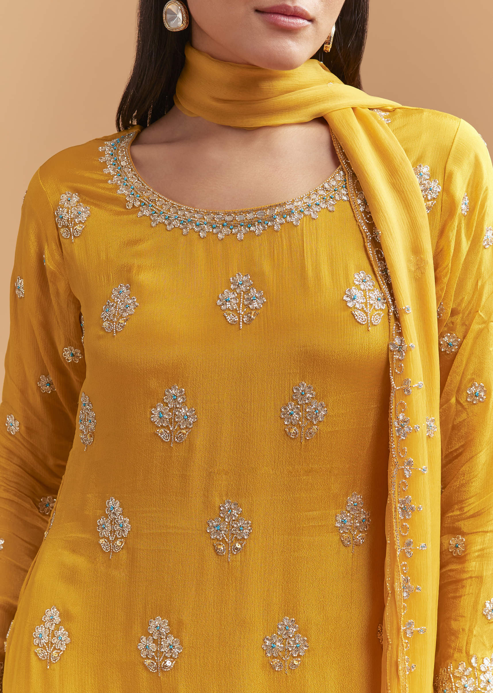 Yellow Chinon Sharara Suit With Intricate Cutdana Work - Image 2