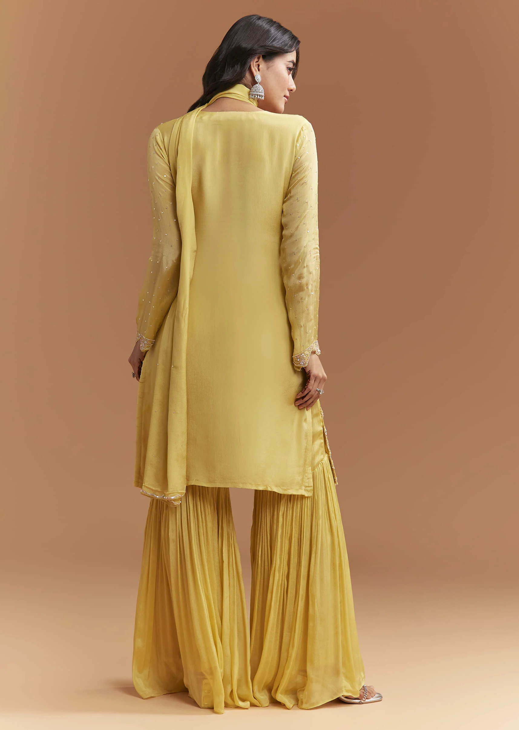 Yellow Chinon Sharara Suit With Sequins And Cutdana Work - Image 3