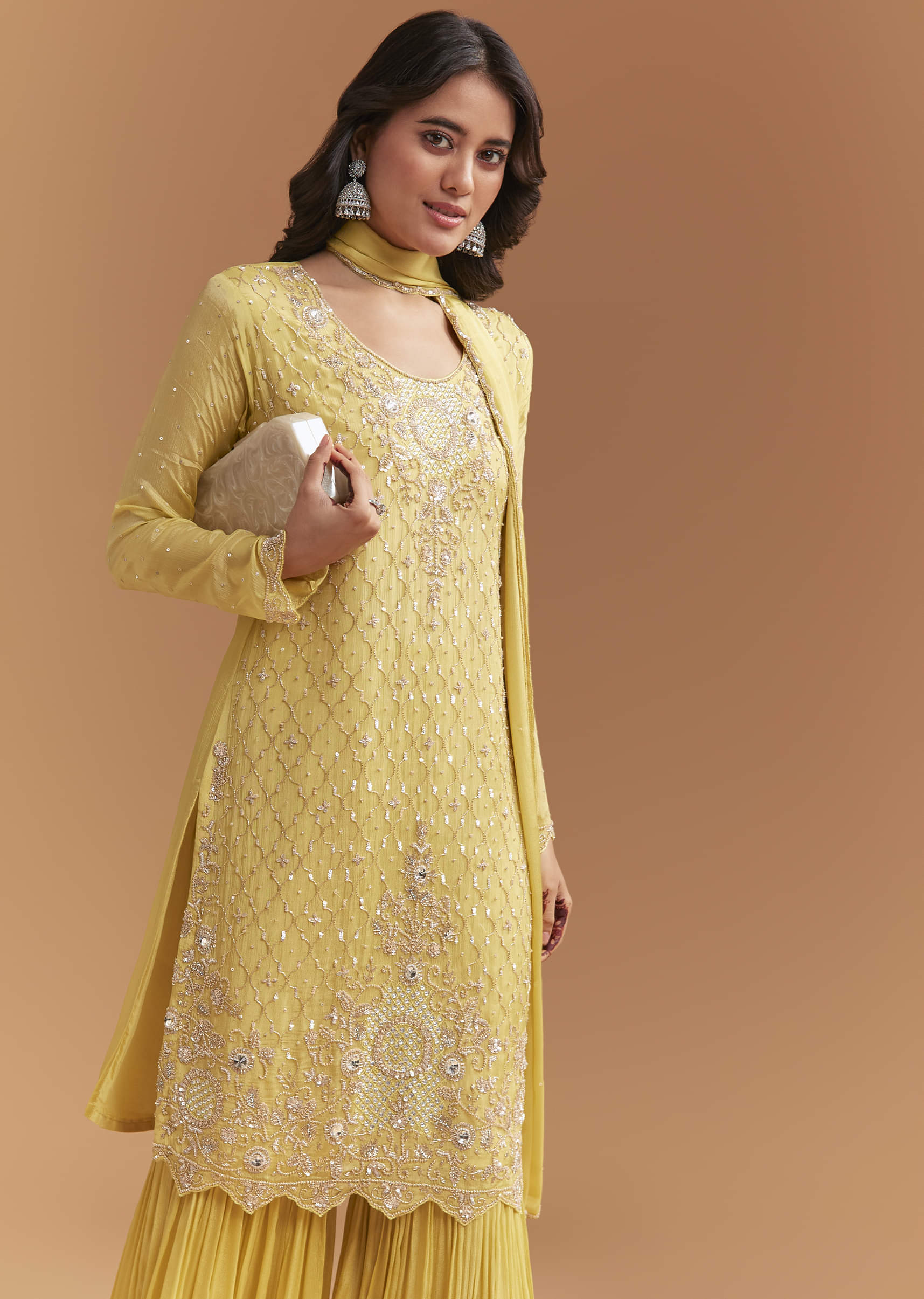 Yellow Chinon Sharara Suit With Sequins And Cutdana Work - Image 5