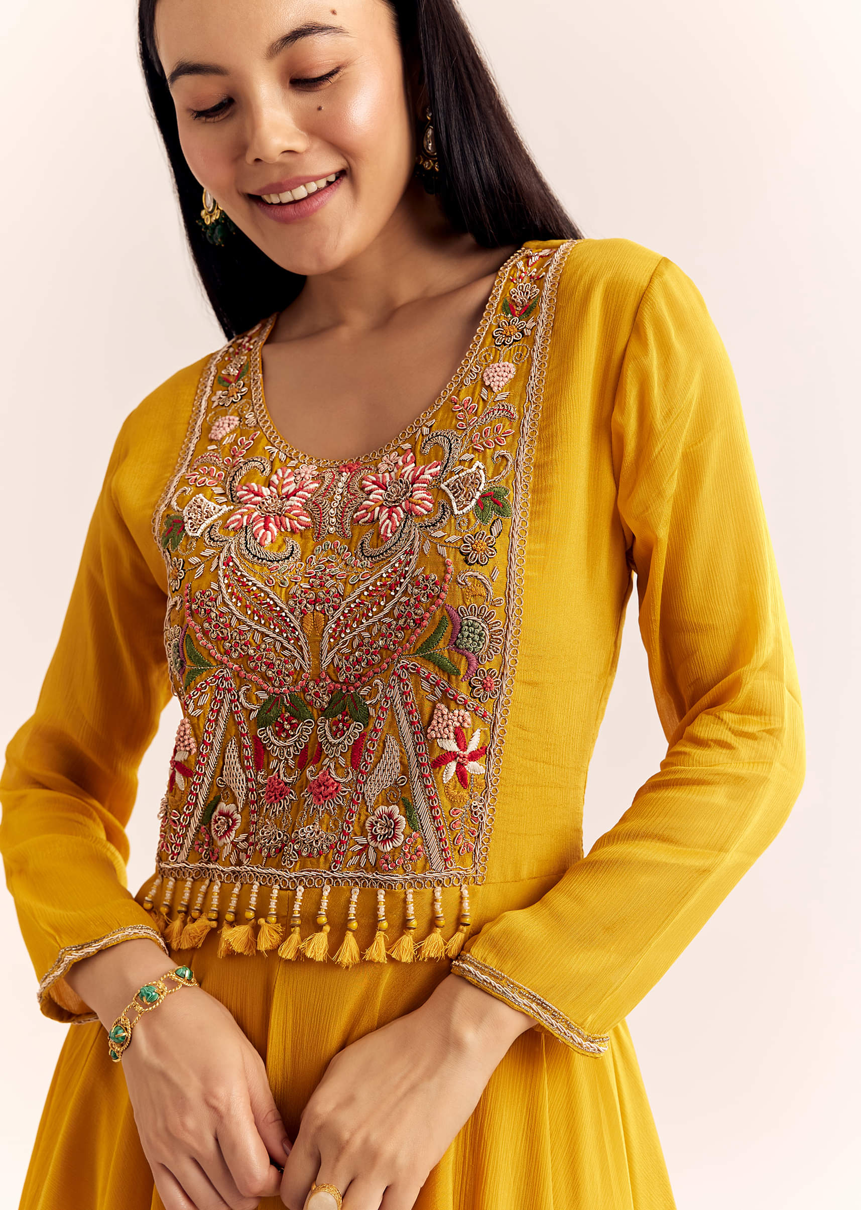 Yellow Chinon Zardosi Kurta Palazzo Suit - Image 3