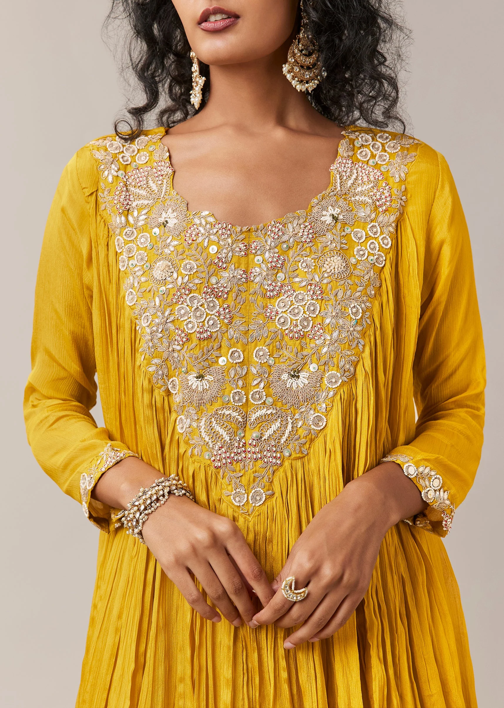 Yellow Chinon Zardozi Work Top and Sharara Set - Image 2