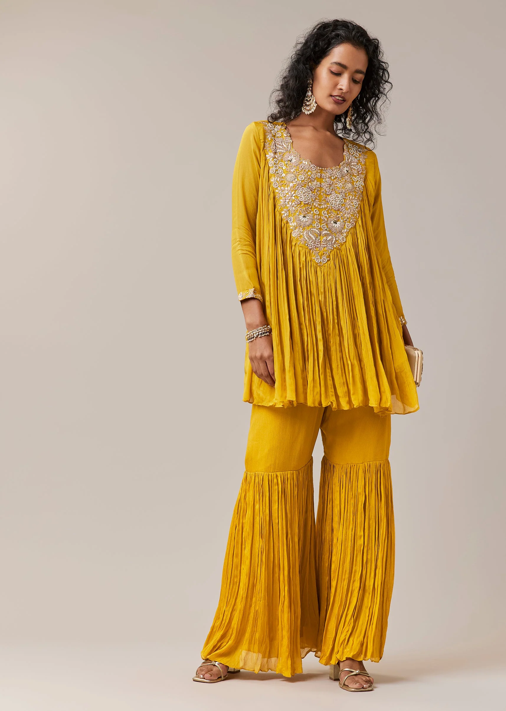 Yellow Chinon Zardozi Work Top and Sharara Set - Image 3