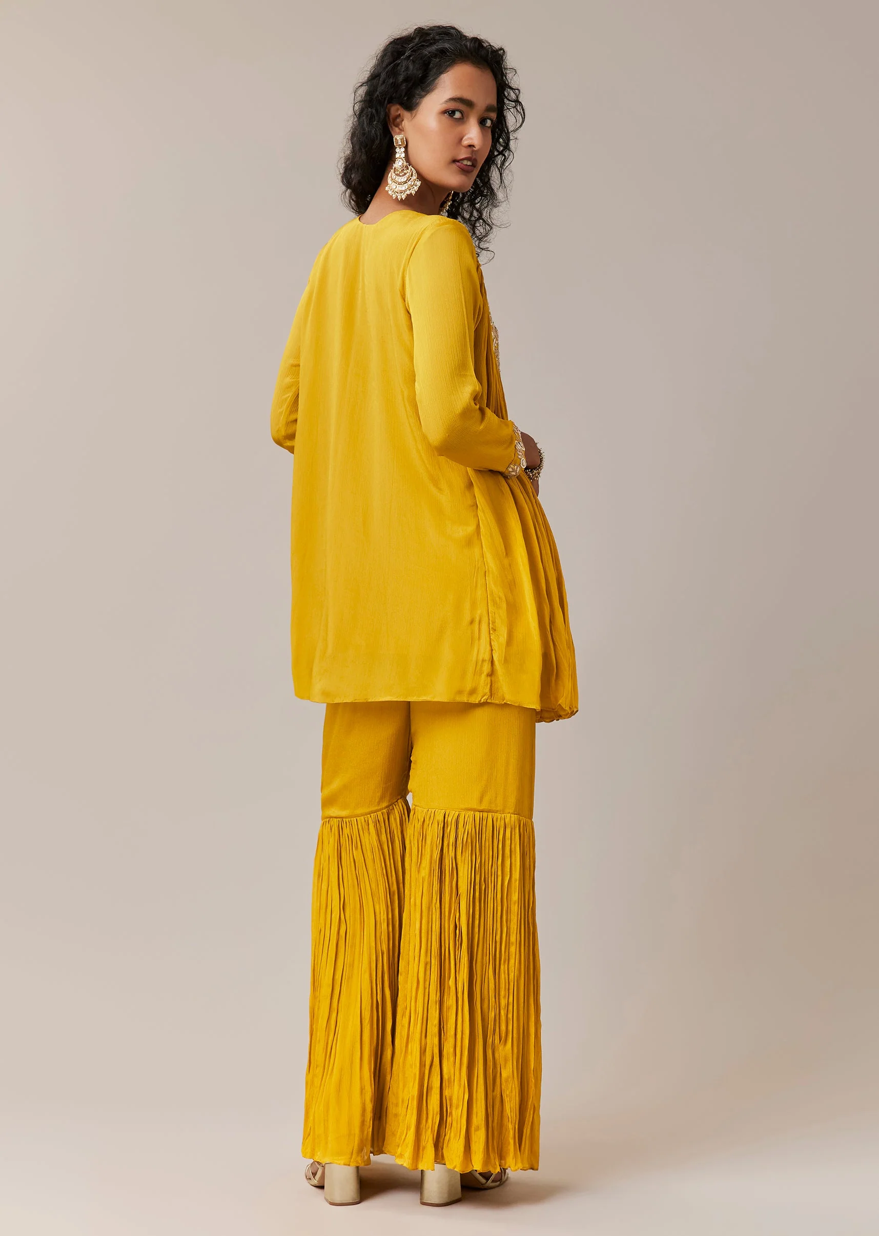 Yellow Chinon Zardozi Work Top and Sharara Set - Image 5