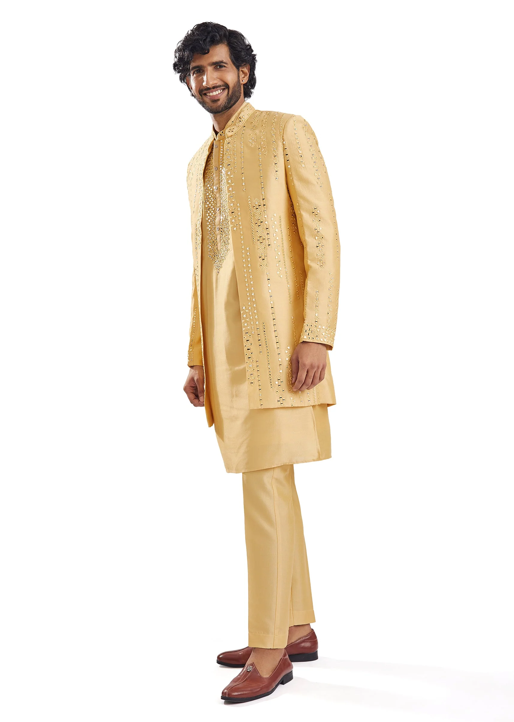 Yellow Classic Mirror Work Wedding Sherwani - Image 3