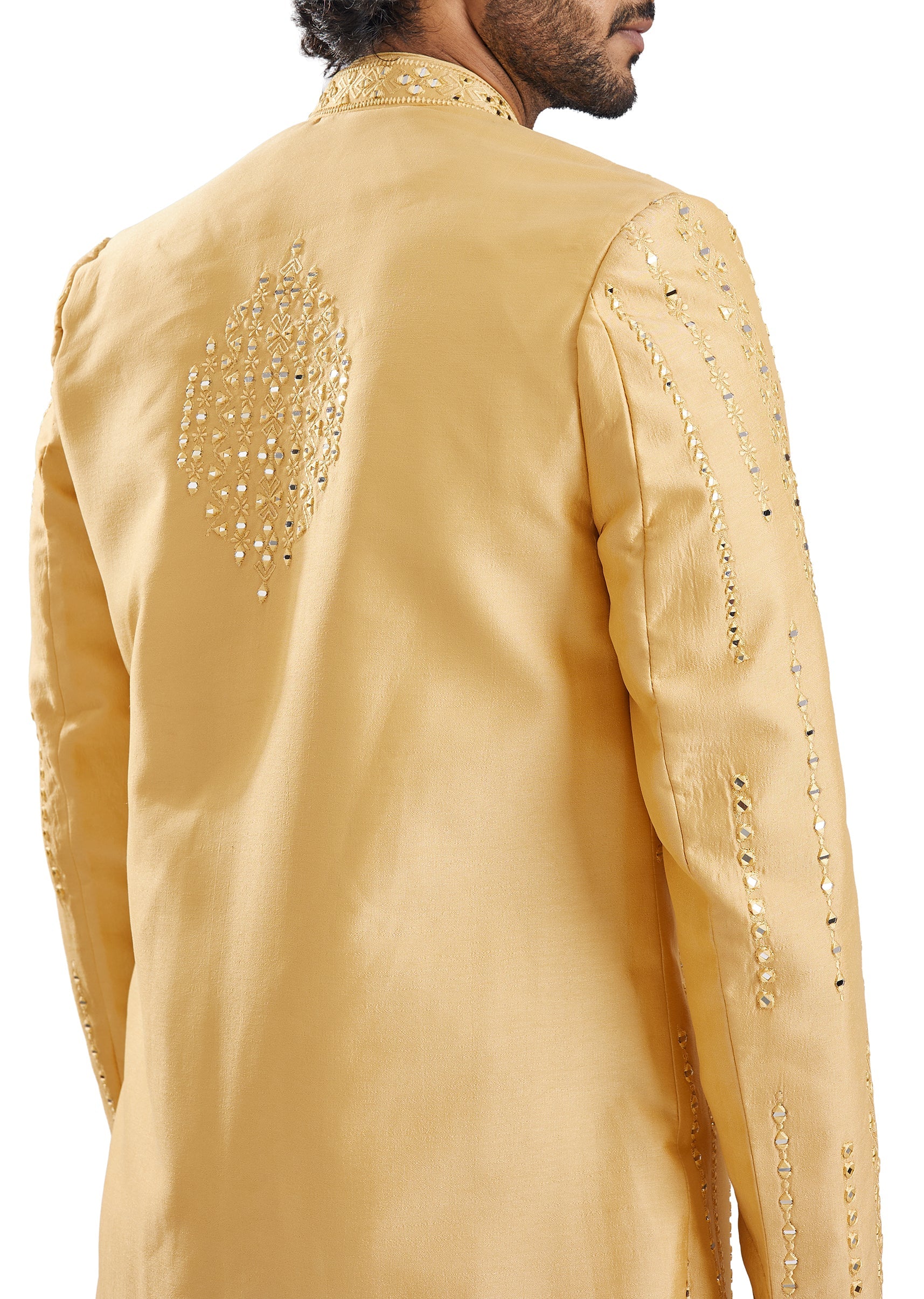 Yellow Classic Mirror Work Wedding Sherwani - Image 4