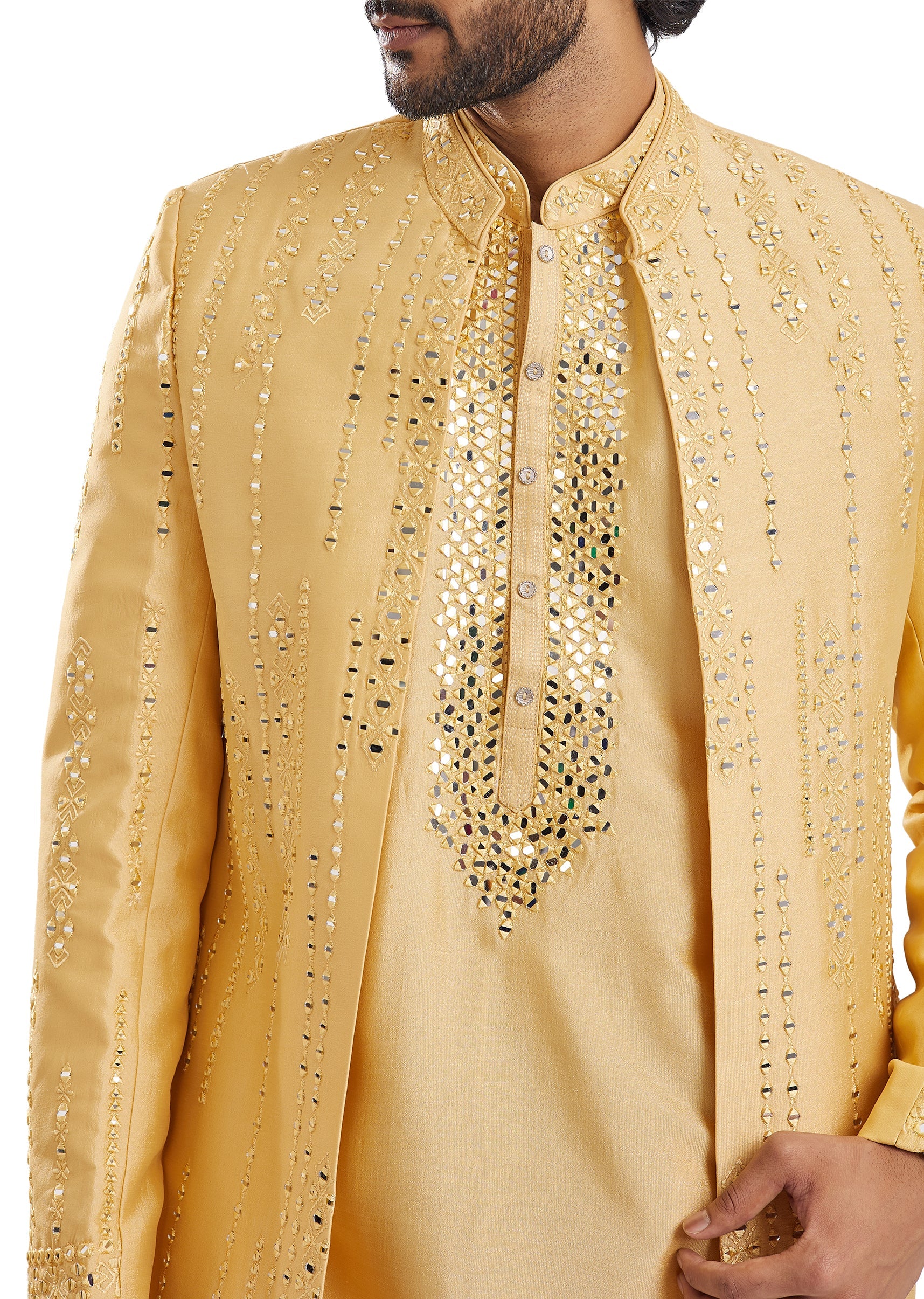 Yellow Classic Mirror Work Wedding Sherwani - Image 5
