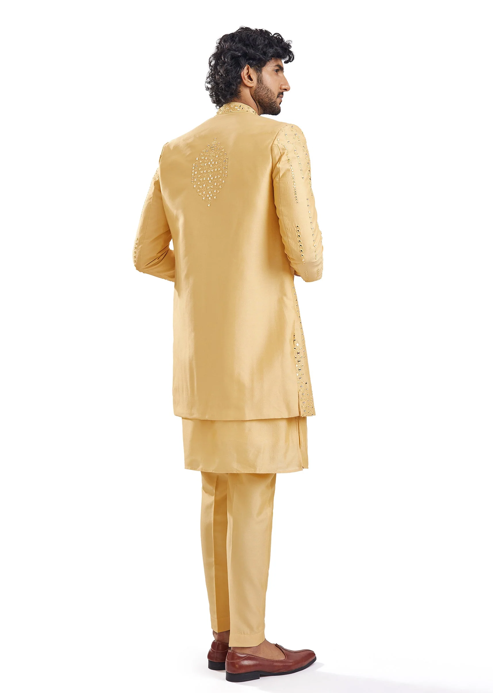 Yellow Classic Mirror Work Wedding Sherwani - Image 6