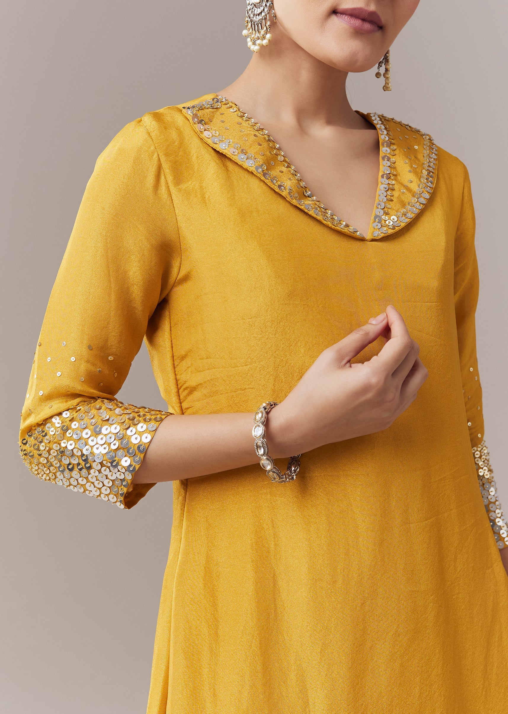 Yellow Coord Set With Sequins Work - Image 2