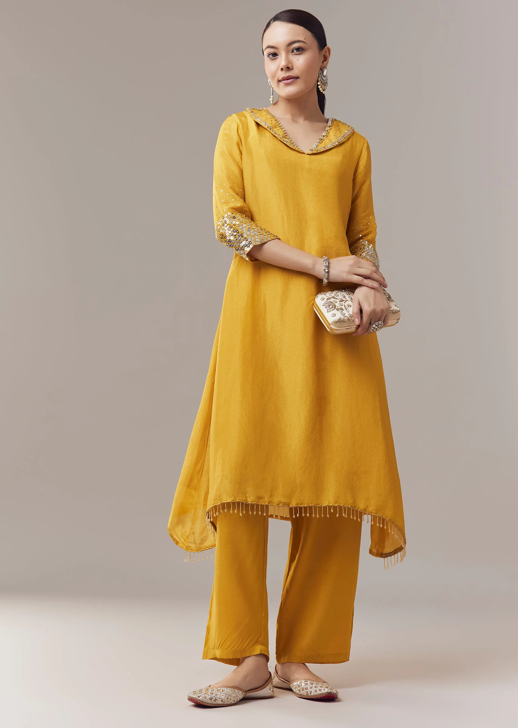 Yellow Coord Set With Sequins Work - Image 3