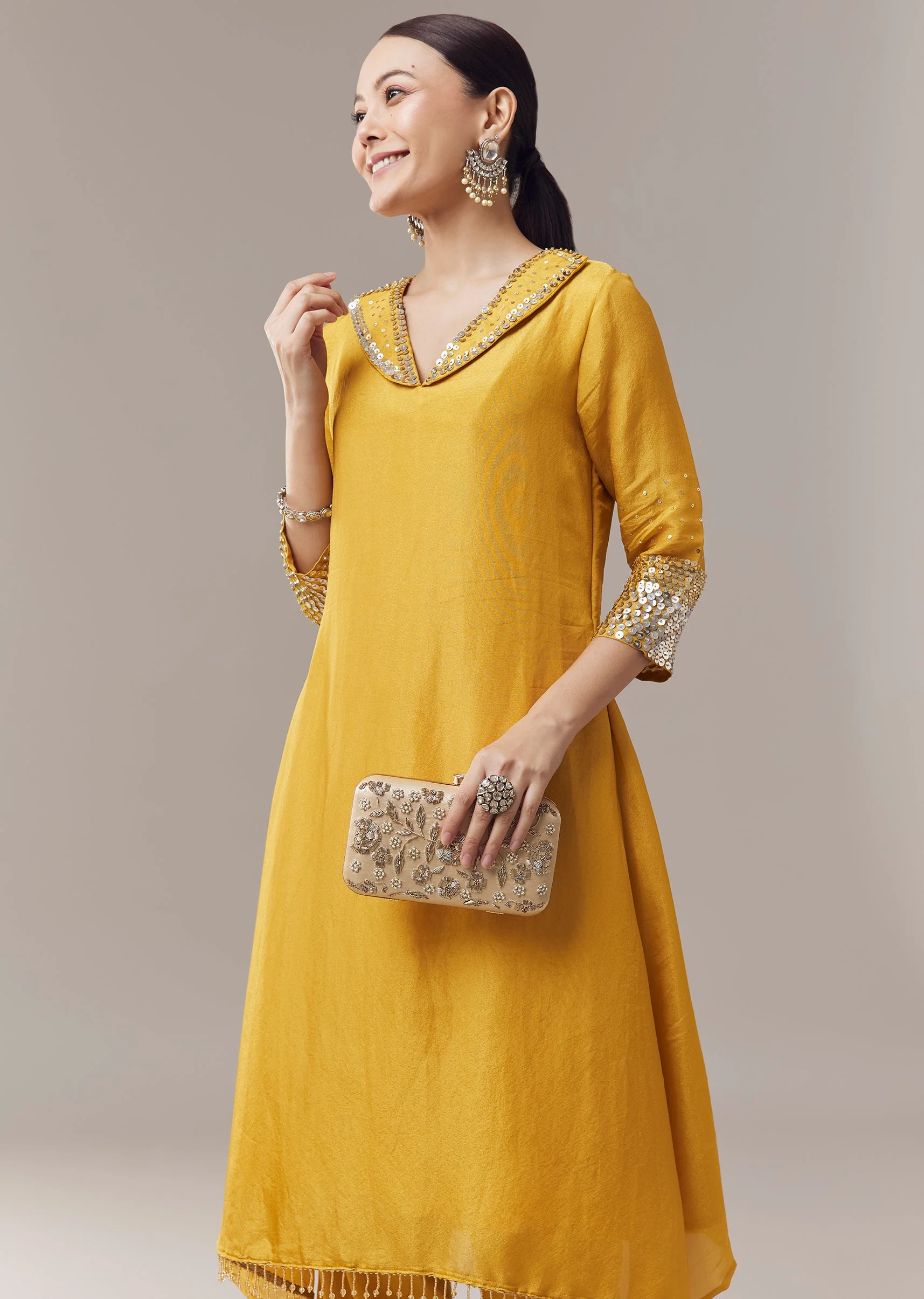 Yellow Coord Set With Sequins Work - Image 4