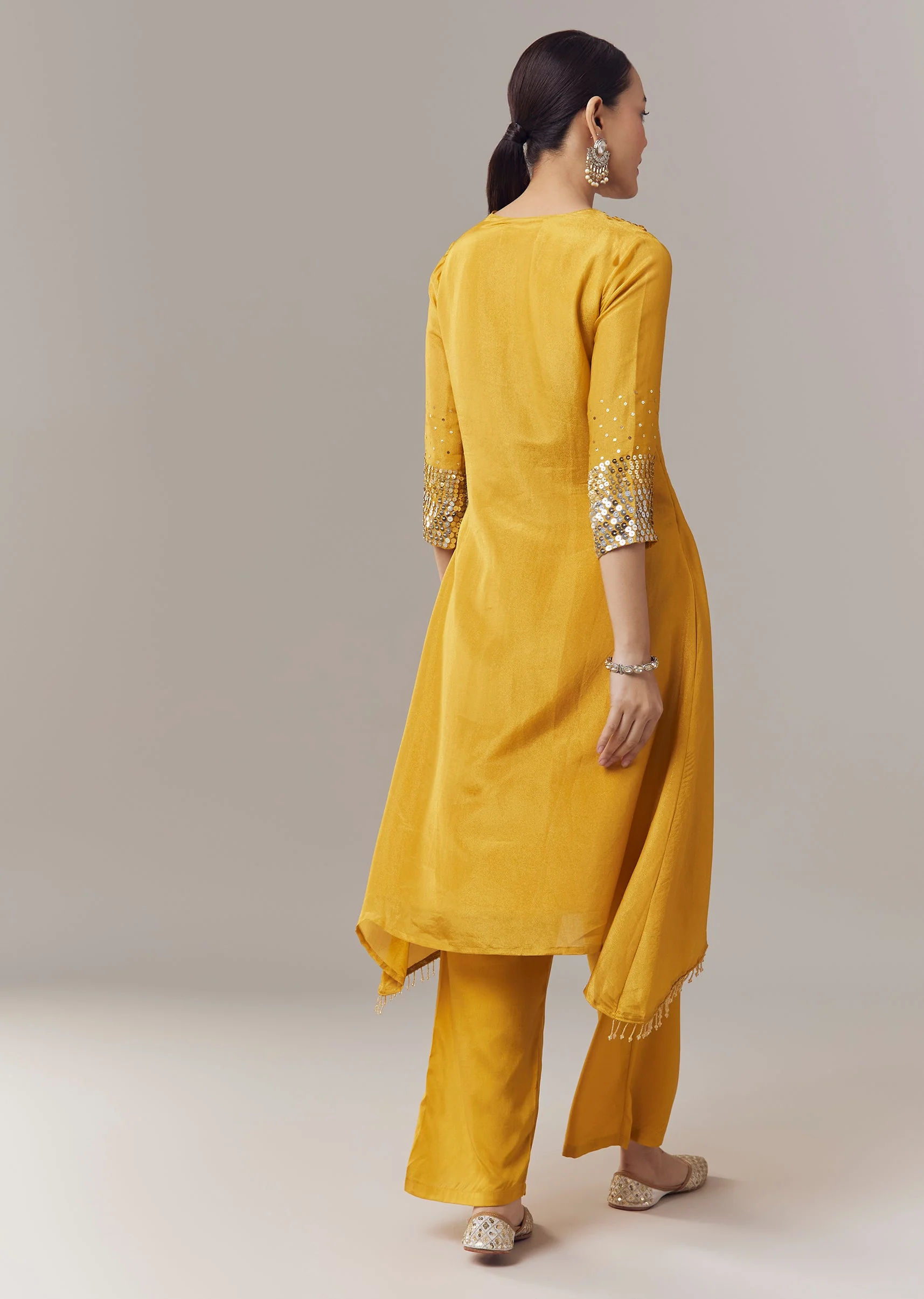 Yellow Coord Set With Sequins Work - Image 5