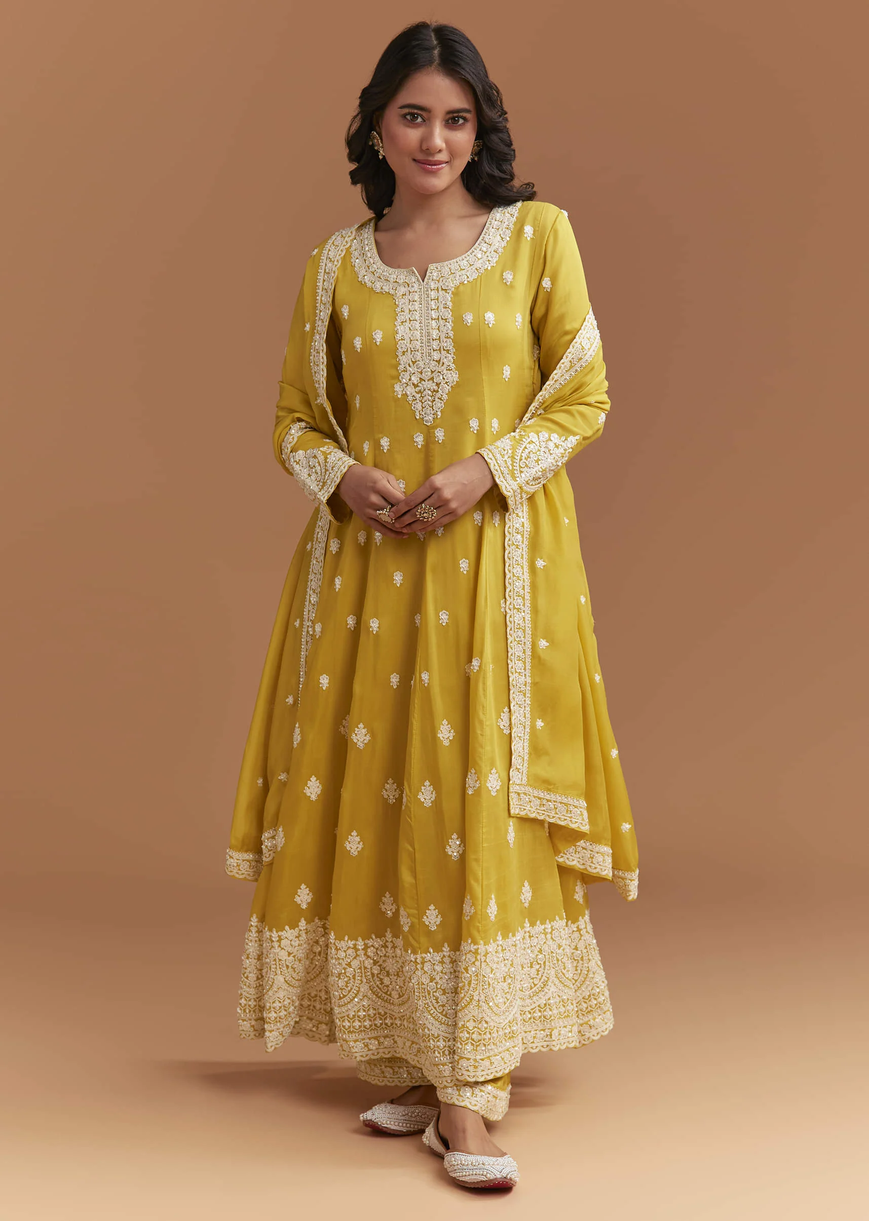 Yellow Cotton Anarkali Suit With Delicate Resham Work