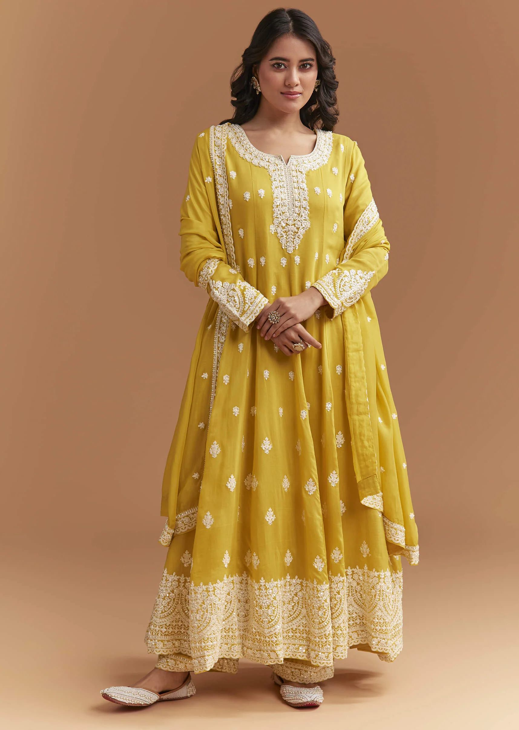 Yellow Cotton Anarkali Suit With Delicate Resham Work - Image 4