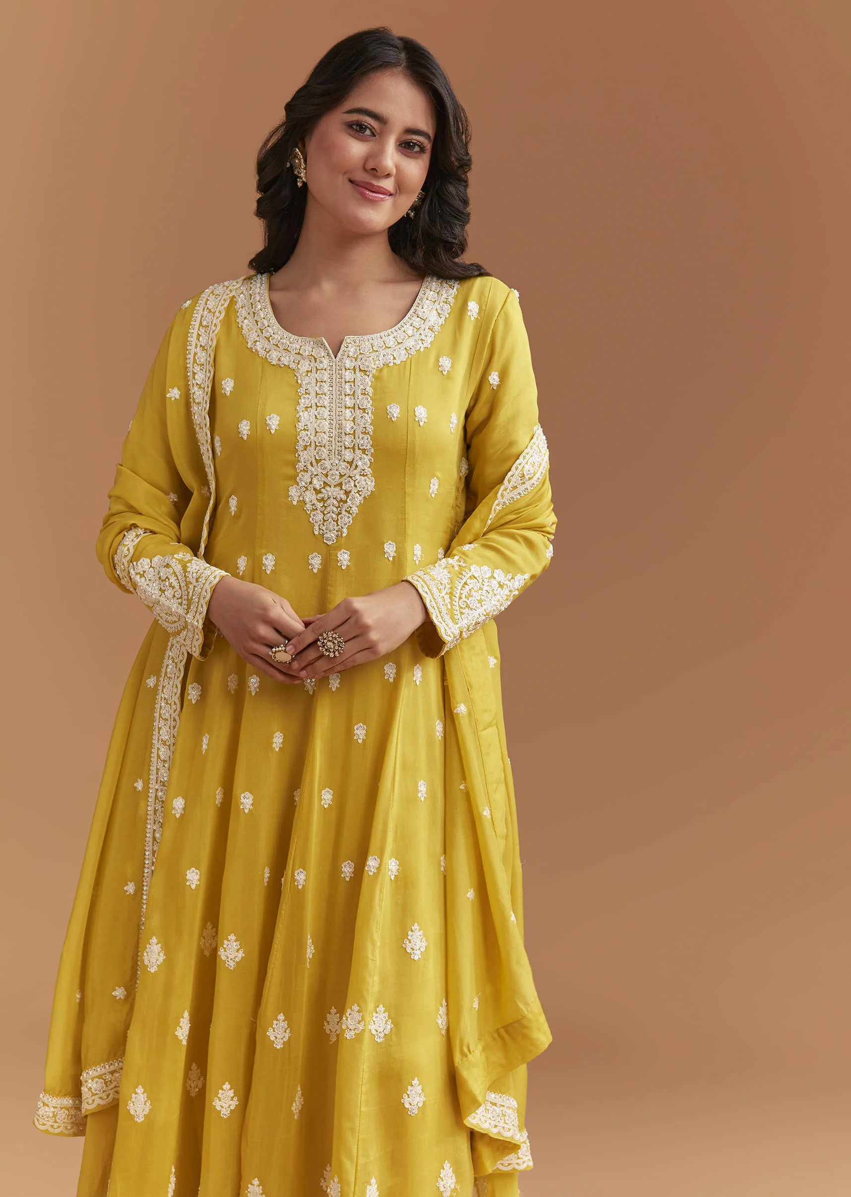 Yellow Cotton Anarkali Suit With Delicate Resham Work - Image 5