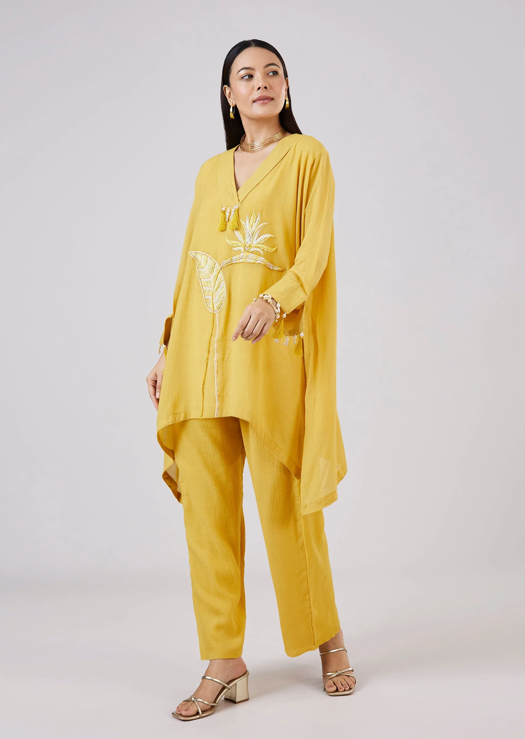 Yellow Cotton Indo Western Coord Set With Resham Work - Image 3