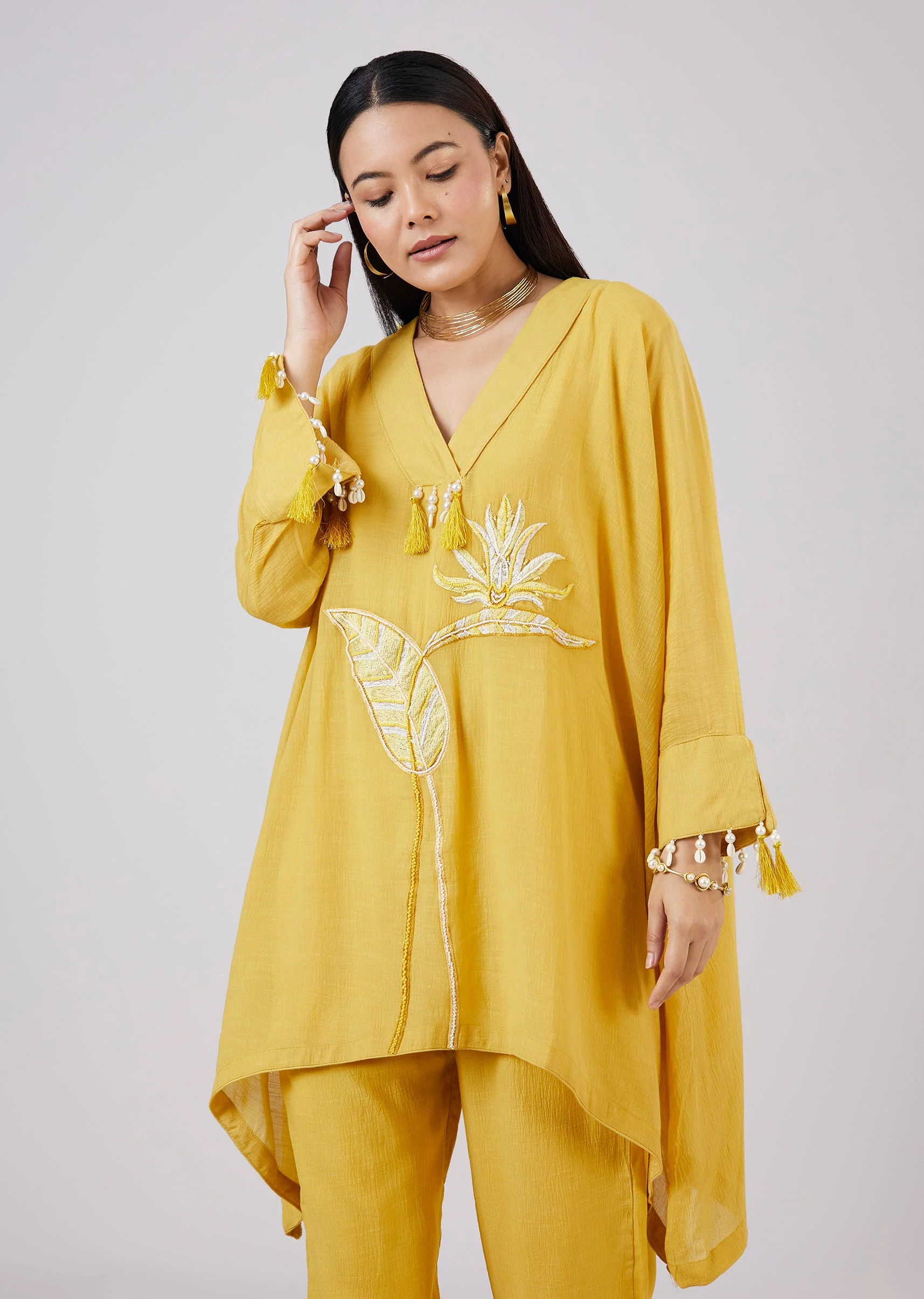 Yellow Cotton Indo Western Coord Set With Resham Work - Image 4