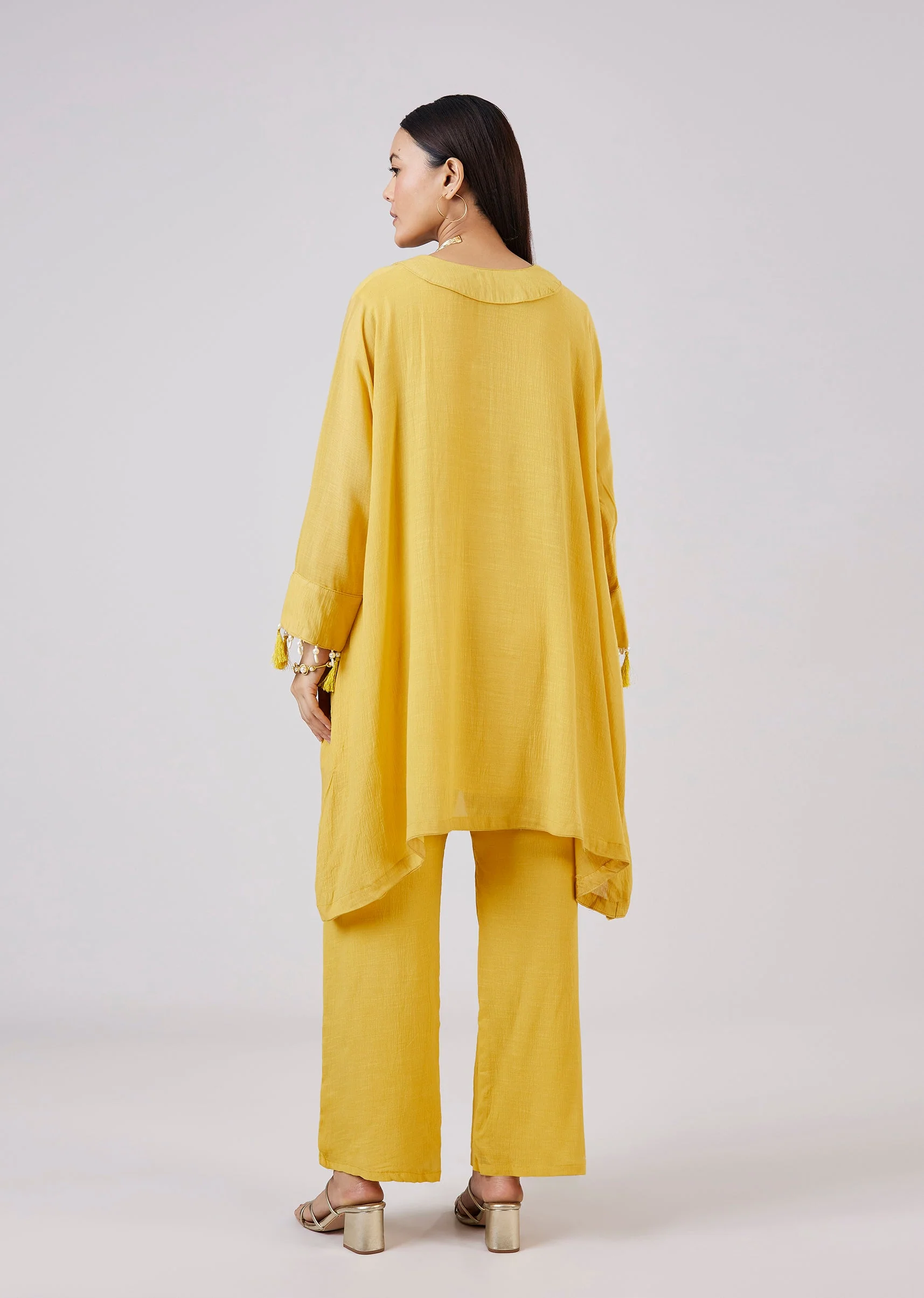 Yellow Cotton Indo Western Coord Set With Resham Work - Image 5