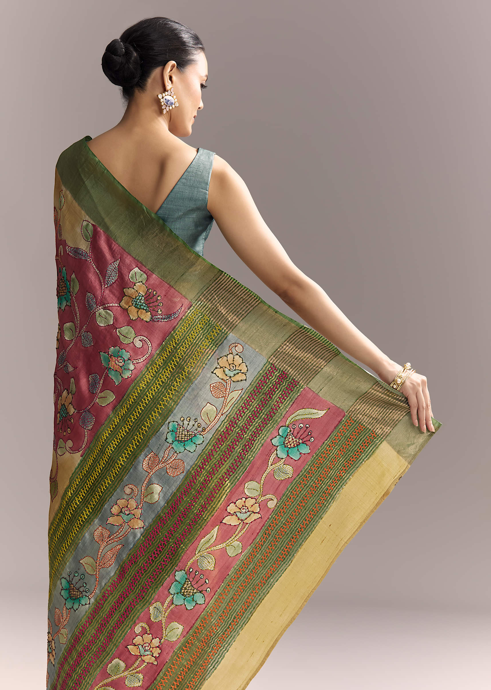 Yellow Cotton Saree With Hand Painted Motifs And Green Border - Image 6