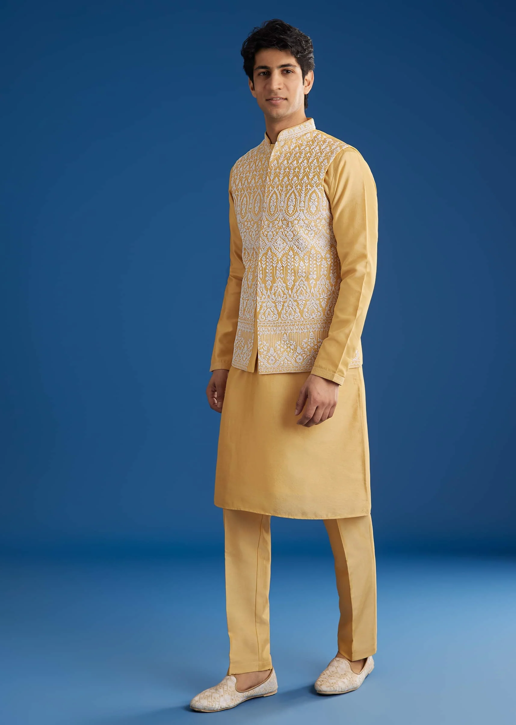 Yellow Cotton Silk Jacket Kurta Set With Threadwork - Image 2