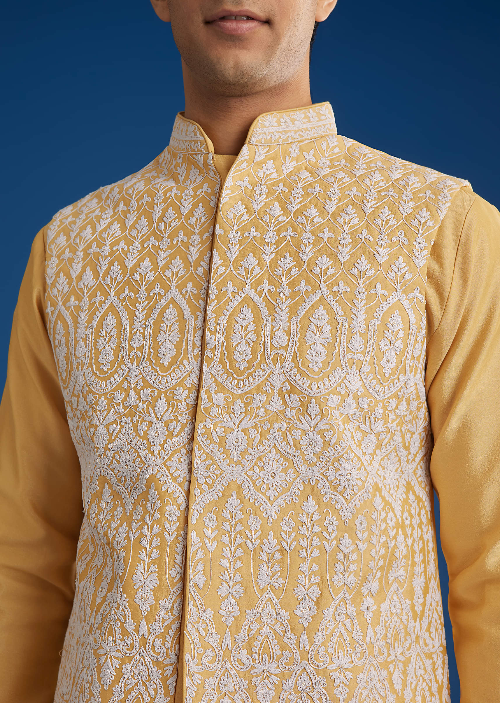 Yellow Cotton Silk Jacket Kurta Set With Threadwork - Image 3