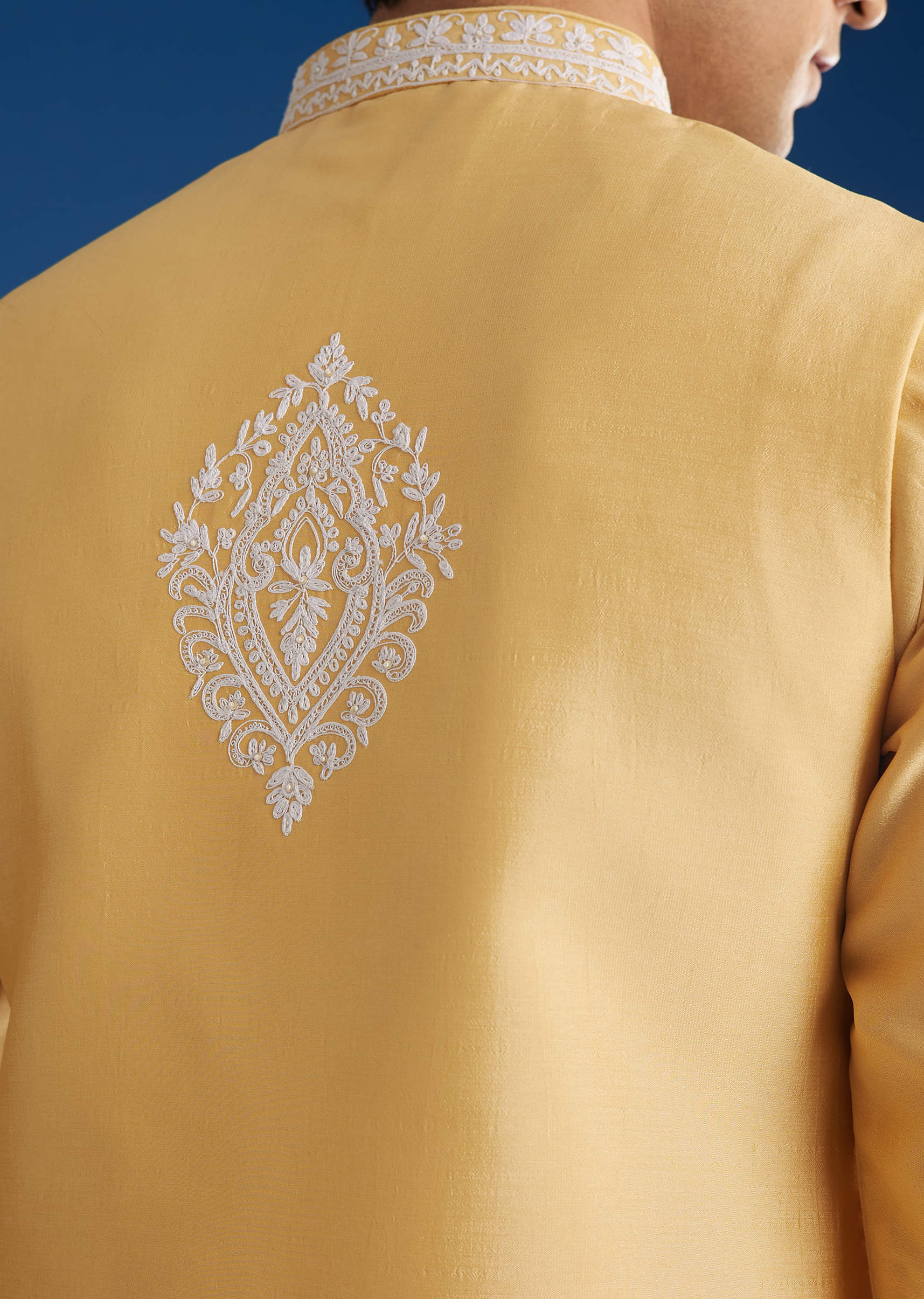 Yellow Cotton Silk Jacket Kurta Set With Threadwork - Image 4