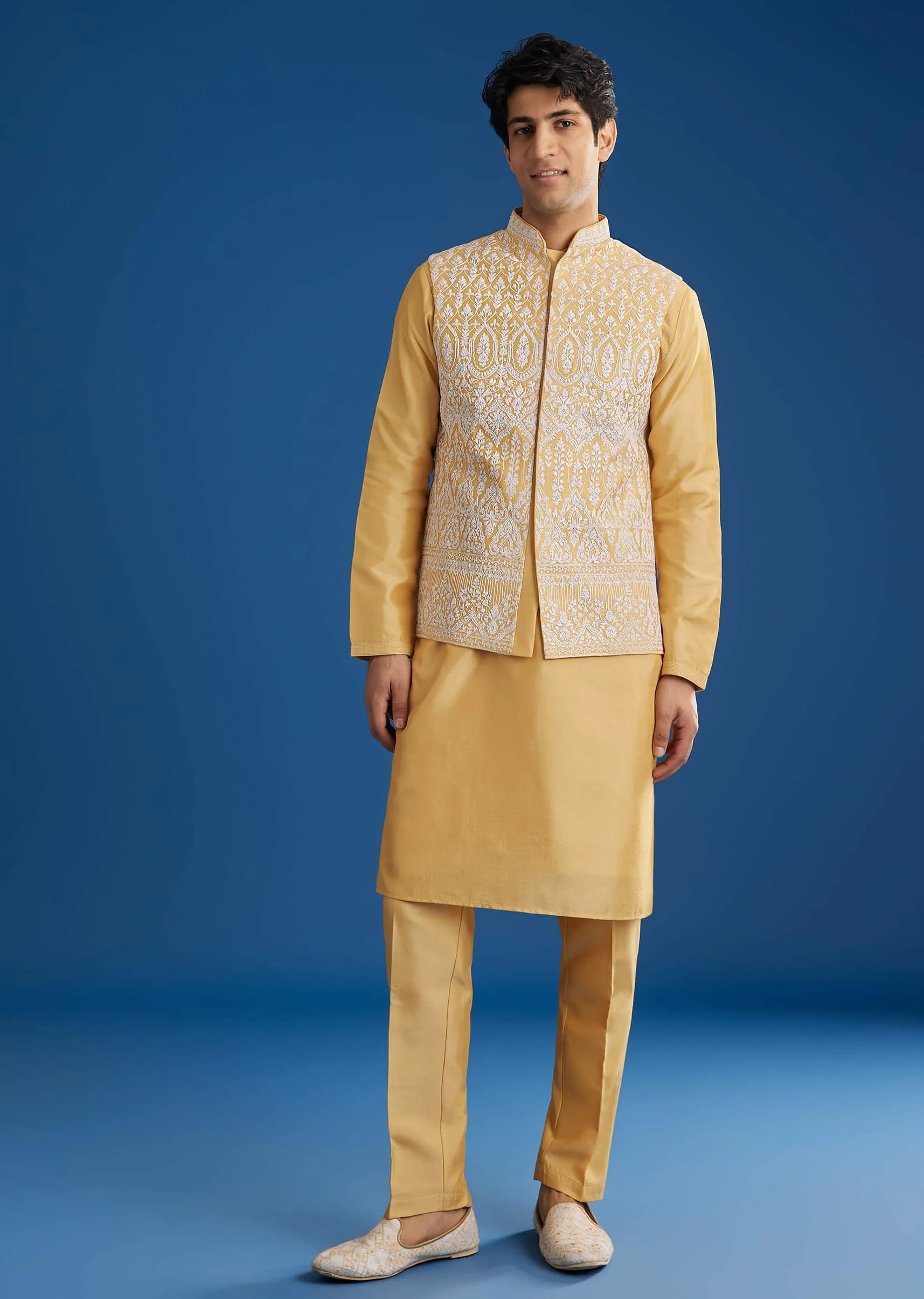 Yellow Cotton Silk Jacket Kurta Set With Threadwork - Image 5