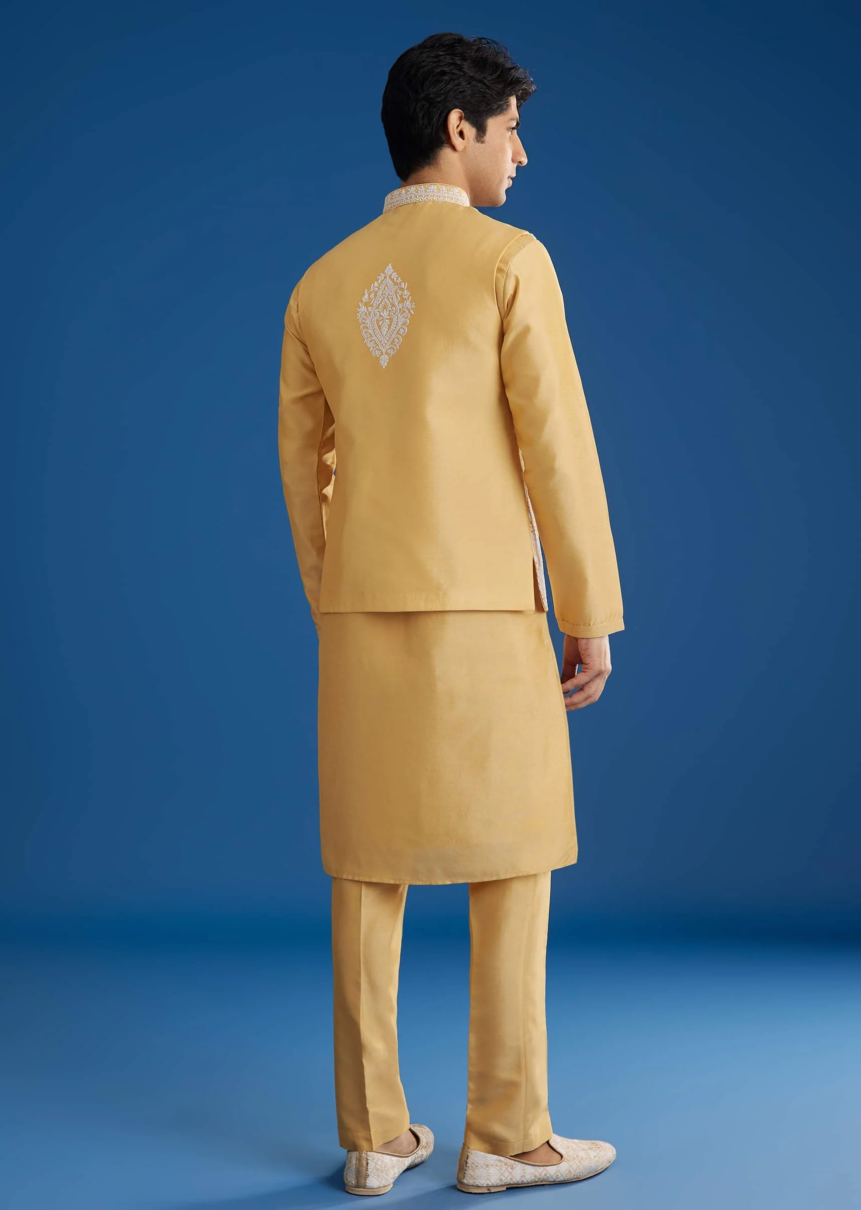 Yellow Cotton Silk Jacket Kurta Set With Threadwork - Image 6