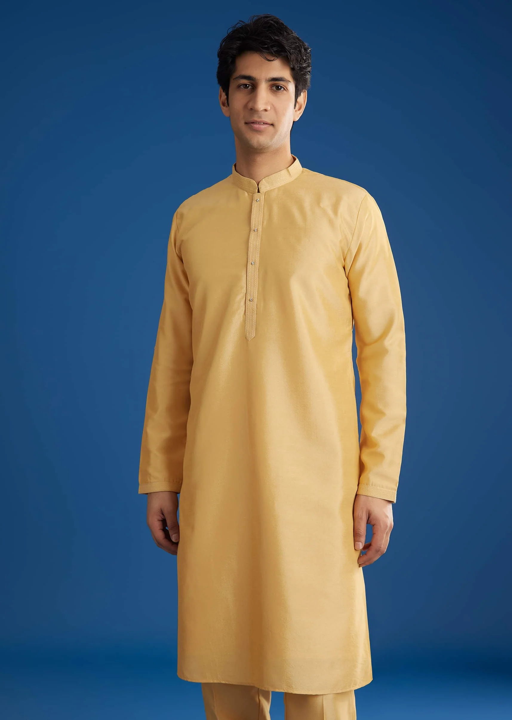 Yellow Cotton Silk Jacket Kurta Set With Threadwork - Image 7