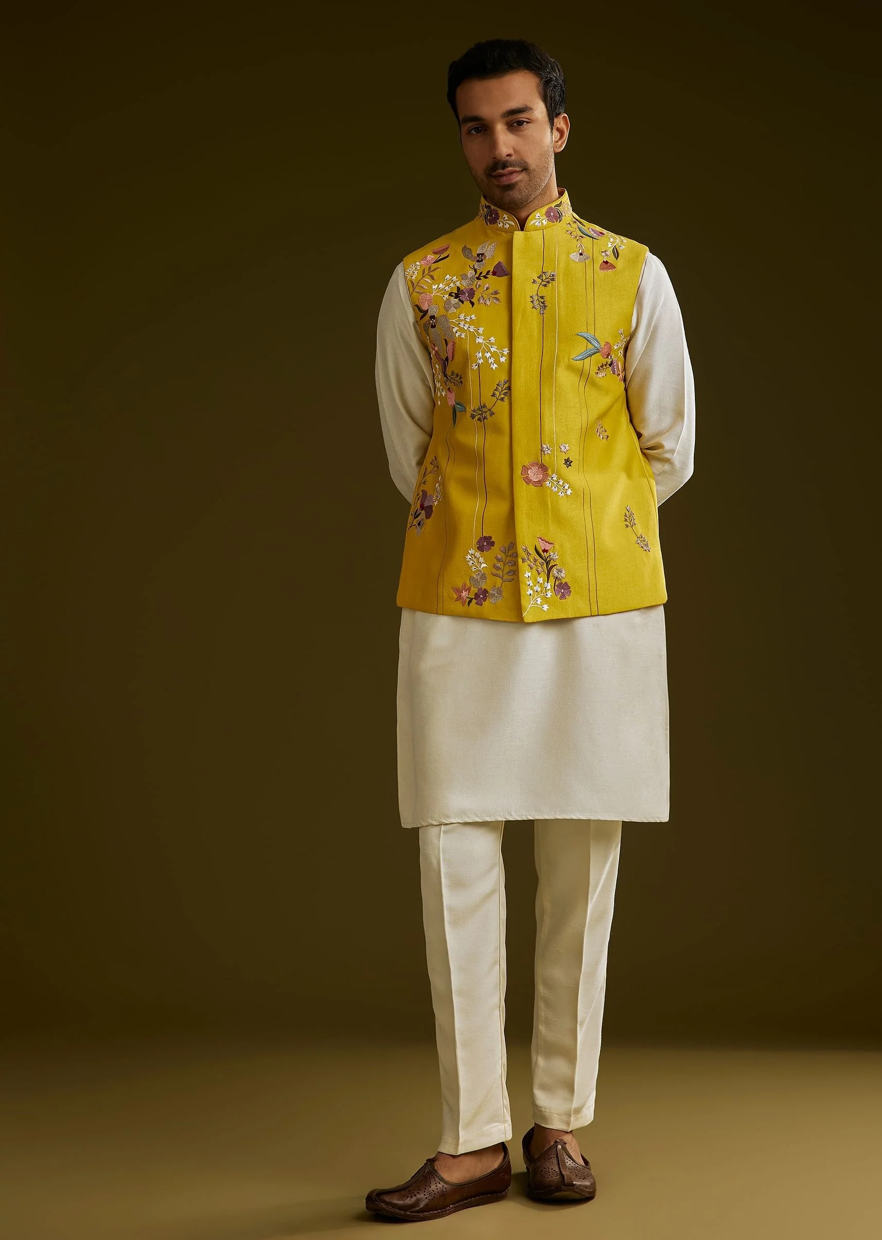 Yellow Cotton Silk Kurta Set With Floral Embroidered Jacket - Image 3
