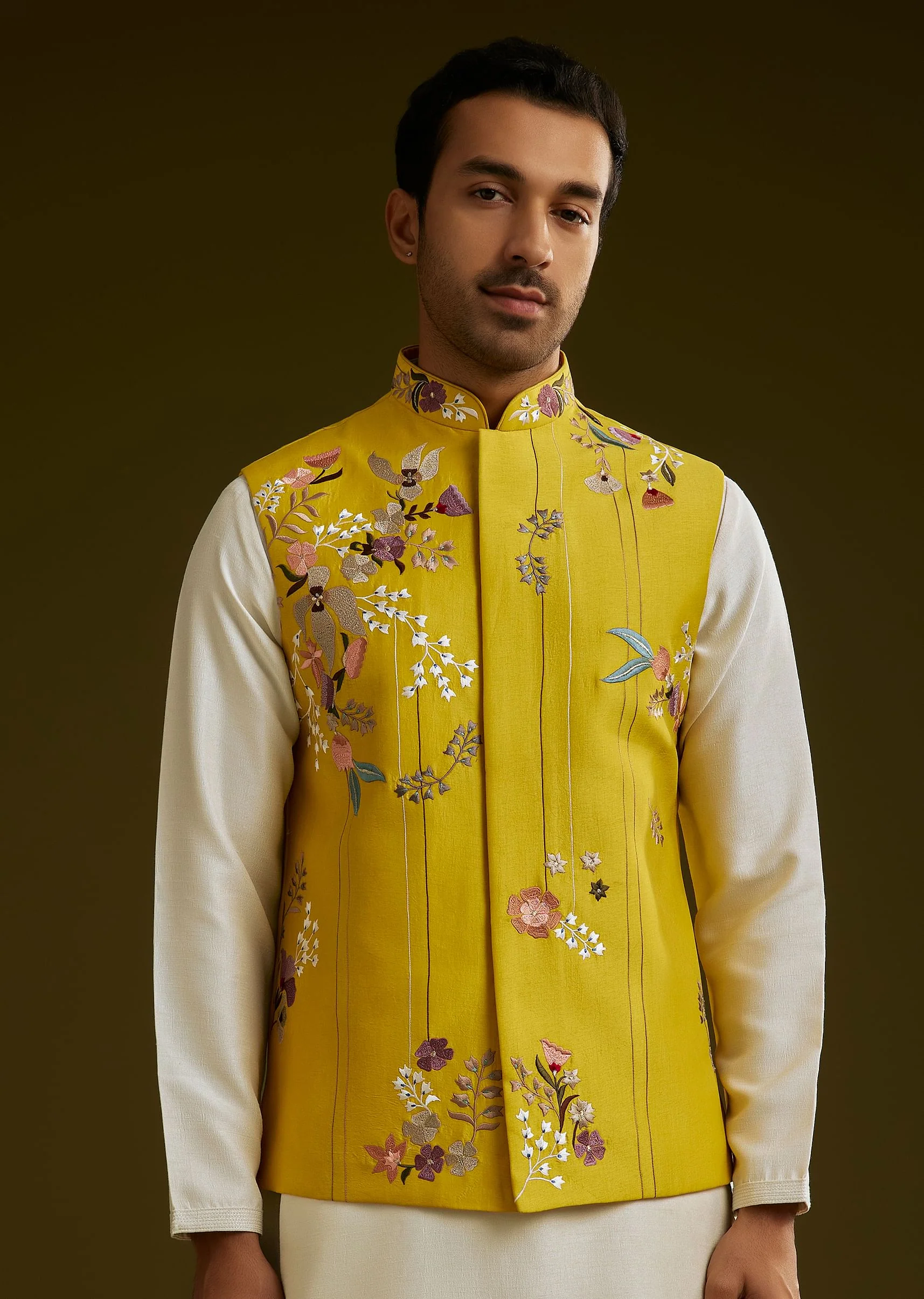 Yellow Cotton Silk Kurta Set With Floral Embroidered Jacket - Image 4