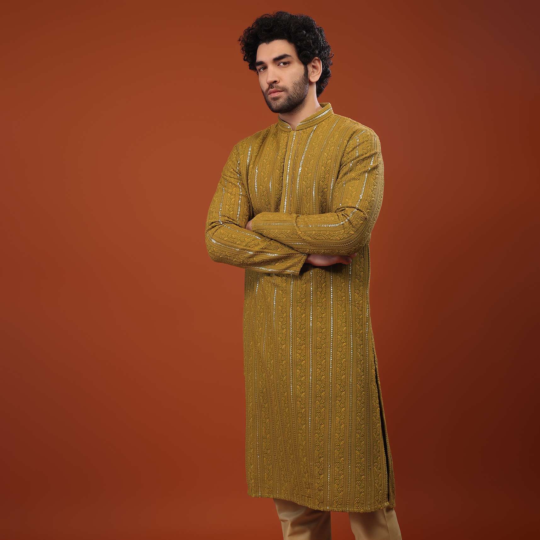 Yellow Cotton Silk Kurta Set With Sequins And Threadwork - Image 2