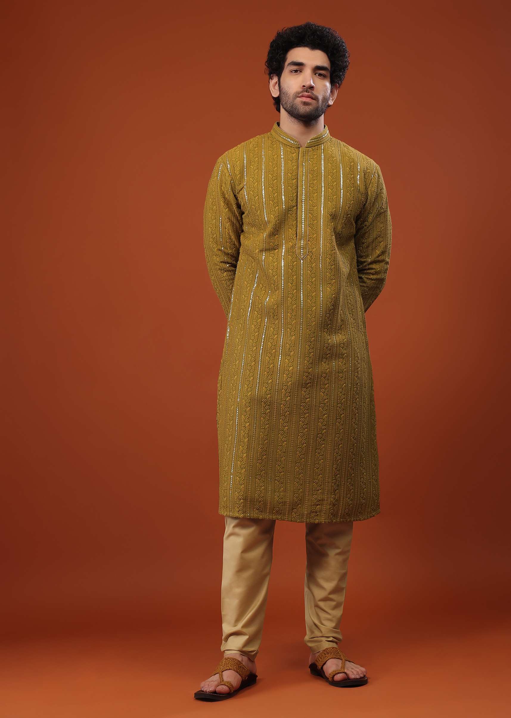 Yellow Cotton Silk Kurta Set With Sequins And Threadwork - Image 3
