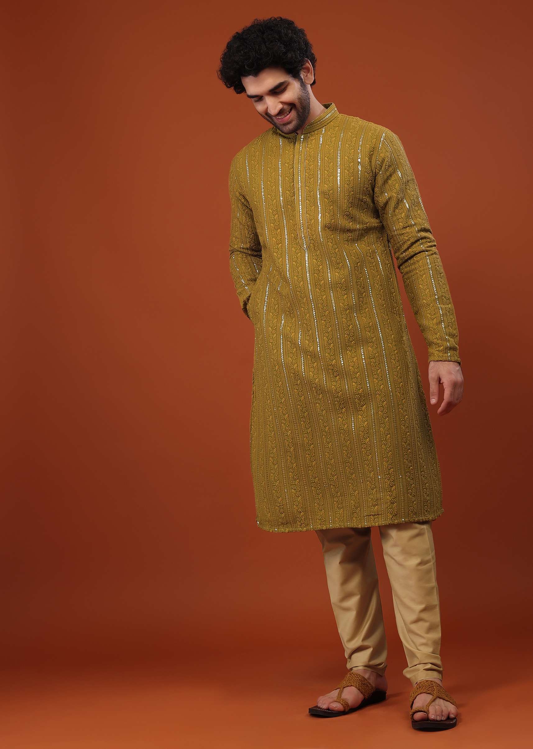Yellow Cotton Silk Kurta Set With Sequins And Threadwork - Image 4