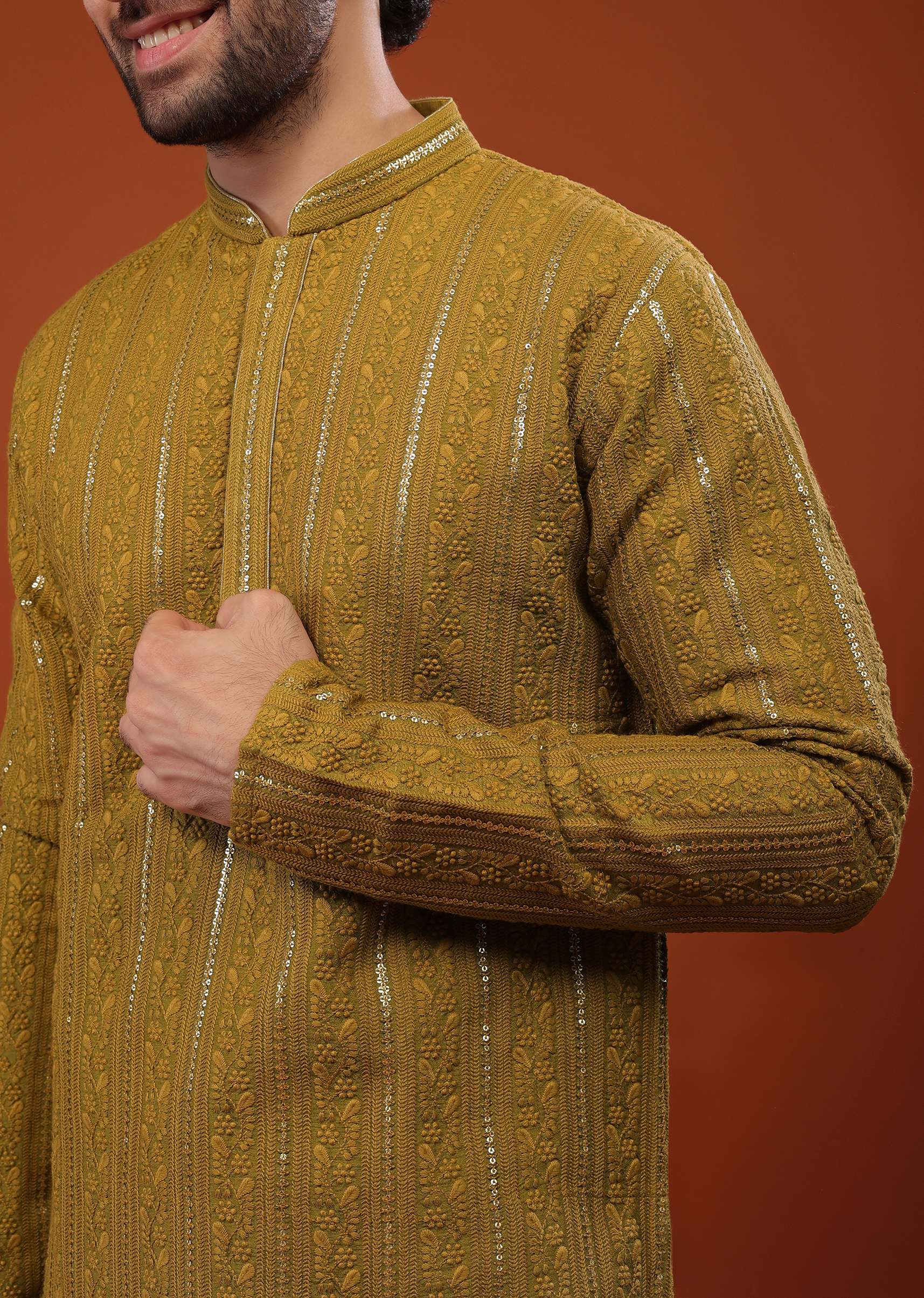 Yellow Cotton Silk Kurta Set With Sequins And Threadwork - Image 5