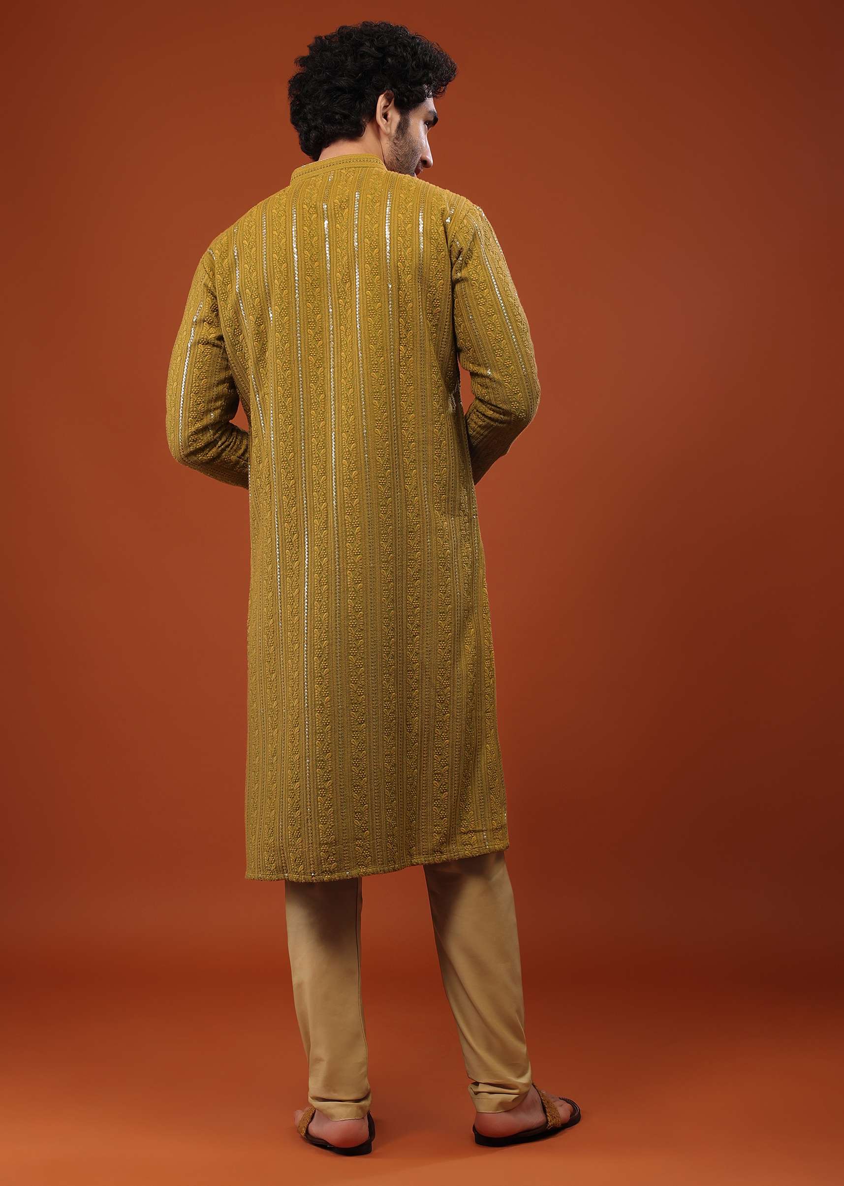 Yellow Cotton Silk Kurta Set With Sequins And Threadwork - Image 6