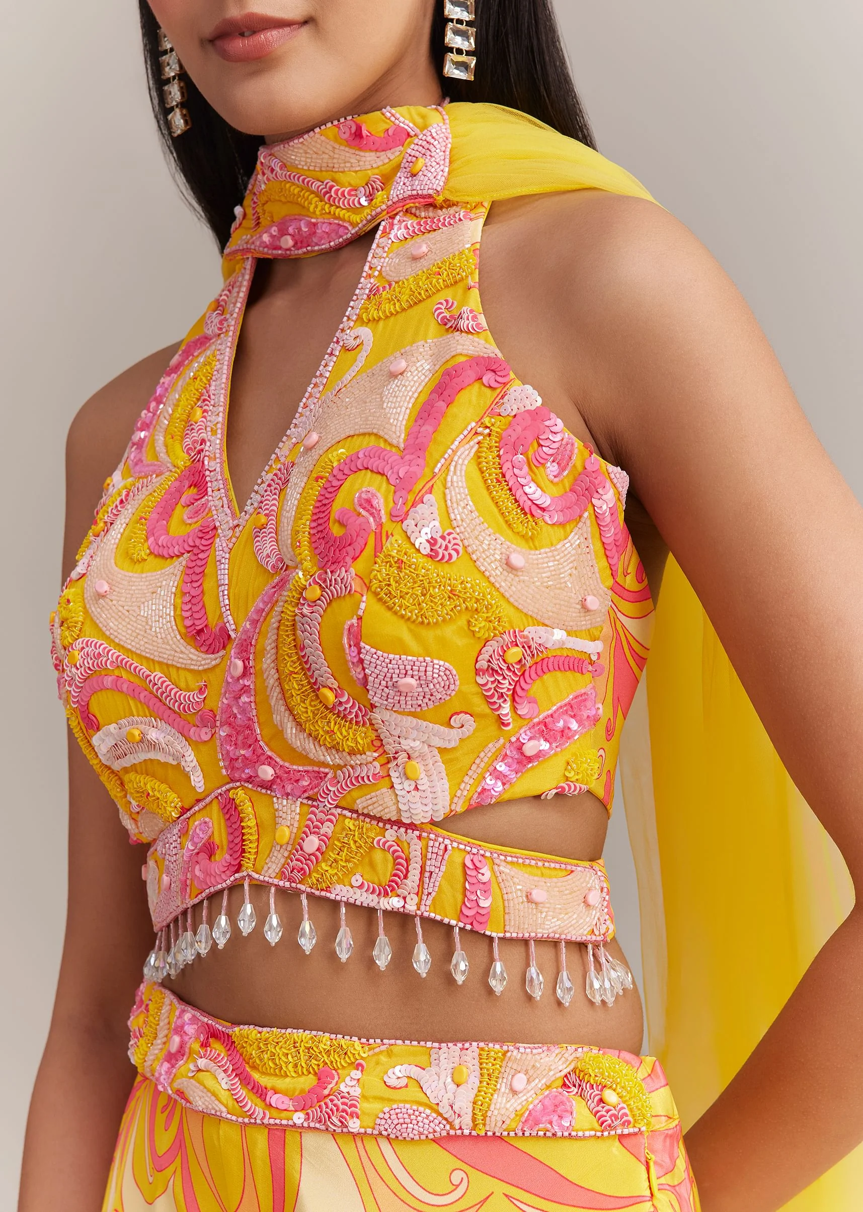 Yellow Crepe Abstract Printed Embroidered Lehenga Set - Image 2