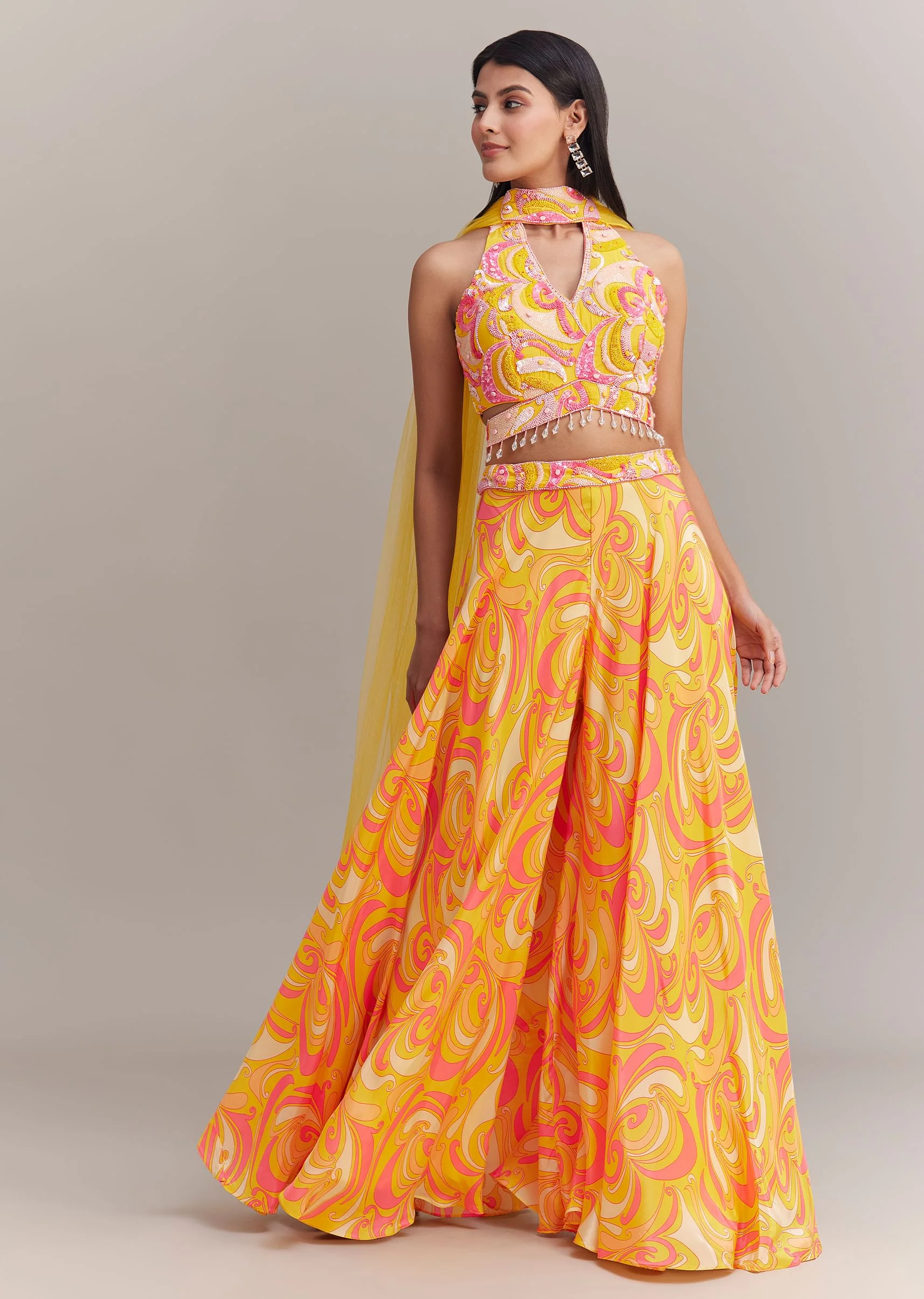 Yellow Crepe Abstract Printed Embroidered Lehenga Set - Image 3
