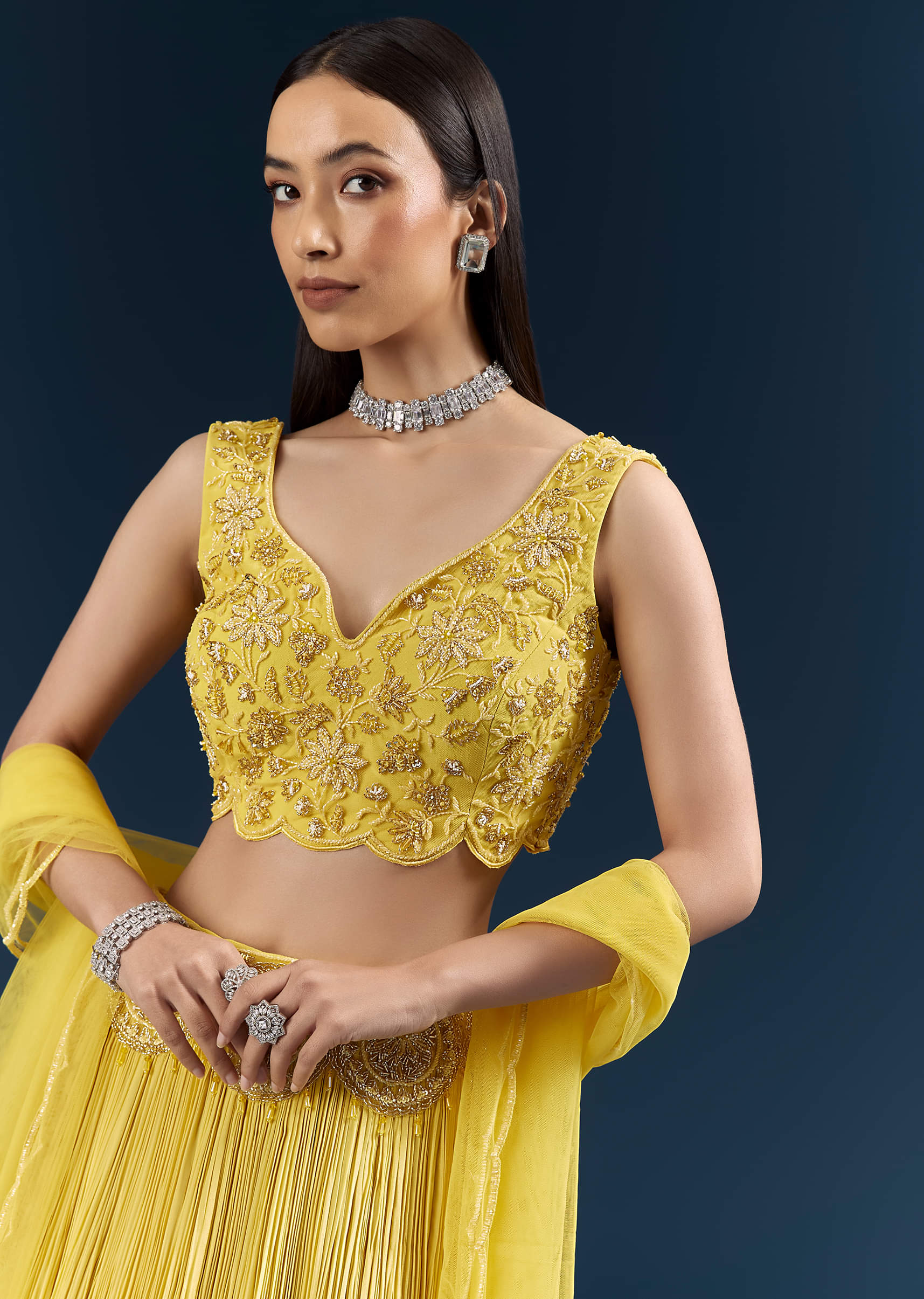Yellow Crepe Bridesmaid Lehenga With Heavy Embroidery - Image 2